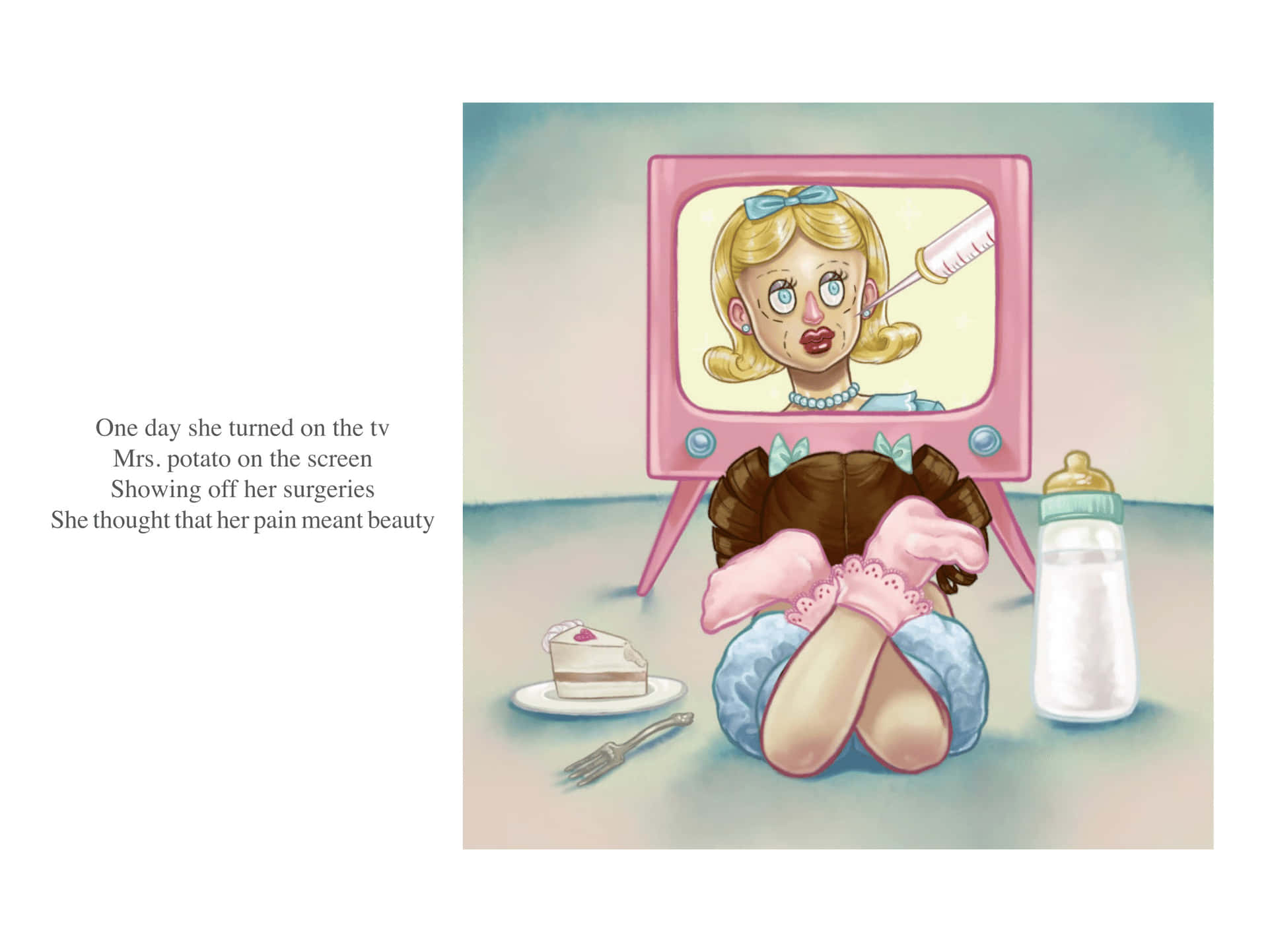 Melanie Martinez 桌布 壁紙 — 一個孩子蜷縮在地上看電視，螢幕上顯示一個拿著注射器的卡通女人。