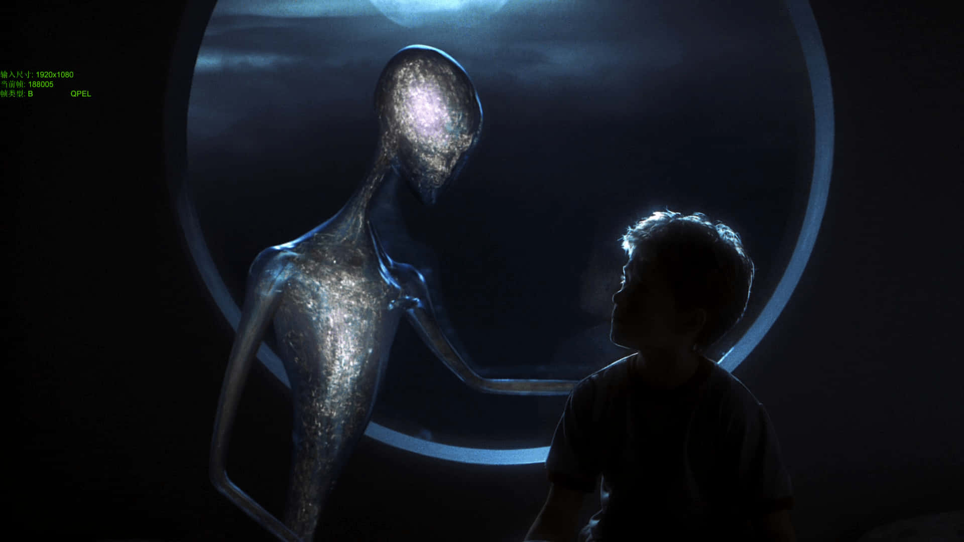 AI 桌布 壁紙 — 一個孩子透過黑暗房間中的圓形窗戶，驚奇地仰望一個散發星光的發光外星人形象。