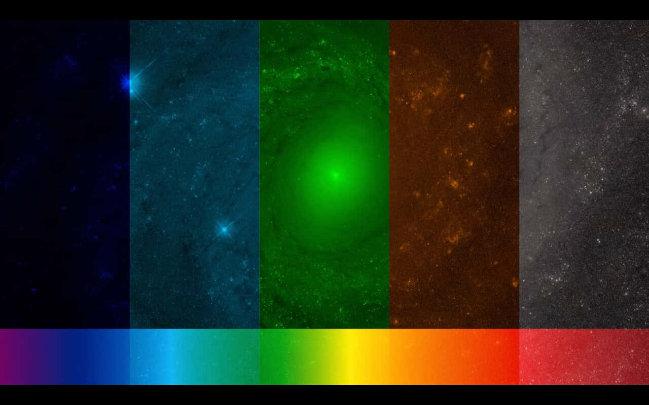 Spectrum 桌布 壁紙 — 一個宇宙主題桌布，展示五個垂直星系面板，色彩鮮豔，底部有彩虹光譜條。