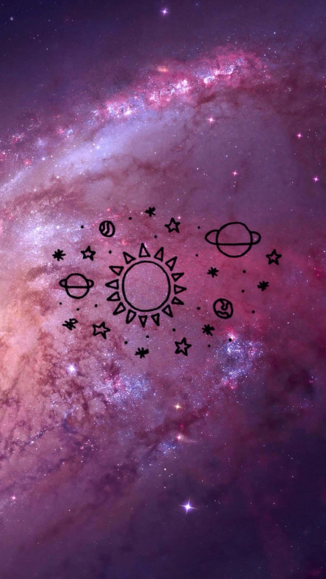 Pink Aesthetic Tumblr 桌布 壁紙 — 一個宇宙主題的桌布，以充滿活力的紫色銀河為背景， featuring 黑色線條藝術的太陽、行星和星星。