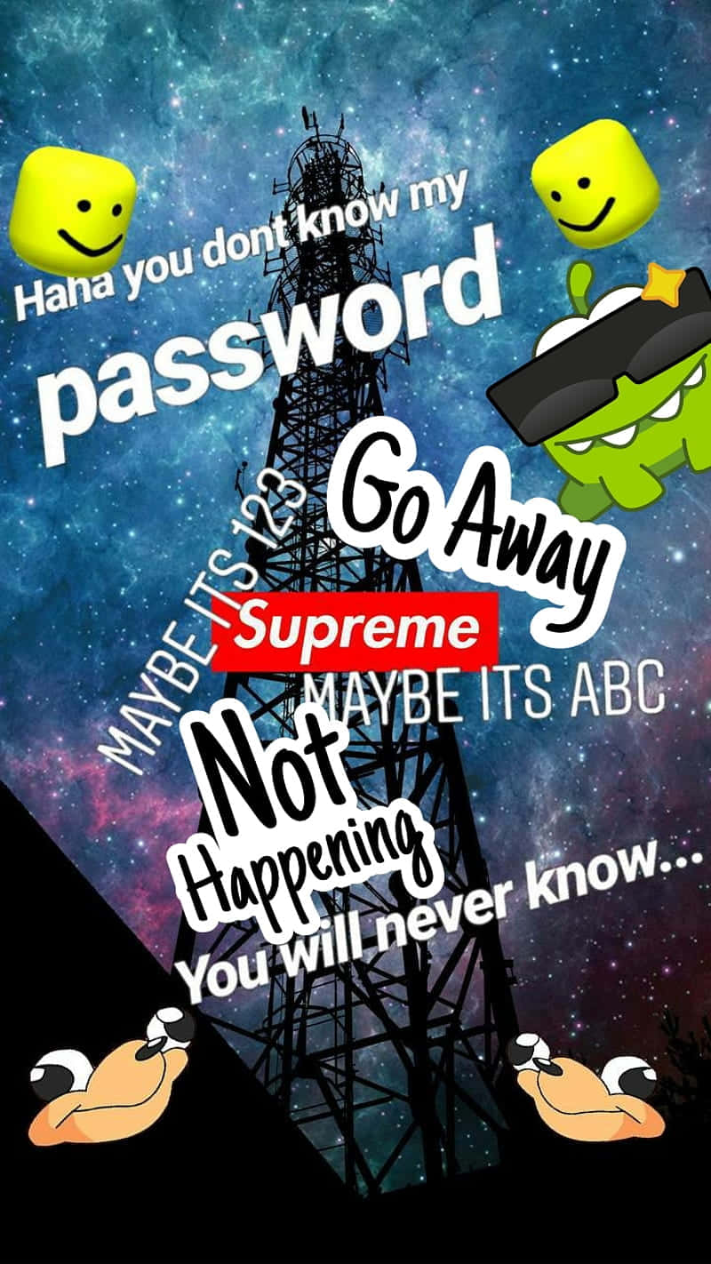 Lock Screen iPhone 桌布 壁紙 — 一個宇宙主題的桌布，包含一個無線電塔、綠色卡通怪物和漂浮的笑臉，周圍環繞著幽默的密碼相關文字。