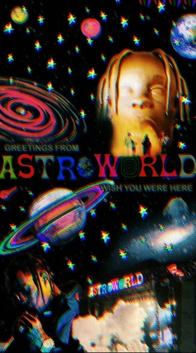 崔維斯·史考特 桌布 壁紙 — 一個宇宙主題的桌布，包含發光的臉孔、行星、星星，以及在黑暗太空背景上的「Astroworld」文字。