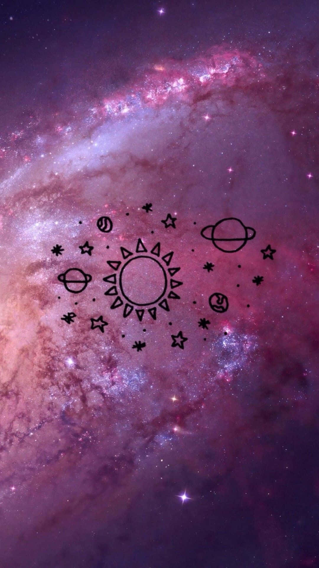 iPad 桌布 壁紙 — 一個宇宙主題的桌布，呈現充滿活力的紫色星系，帶有黑色線條藝術的太陽行星和星星漂浮在星雲中。