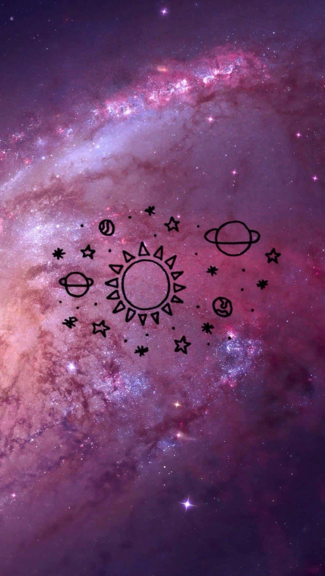 iPad 桌布 壁紙 — 一個宇宙主題的桌布，帶有充滿活力的紫色和粉紅色星雲背景，以及太陽、月亮、行星和星星的黑色線條藝術。