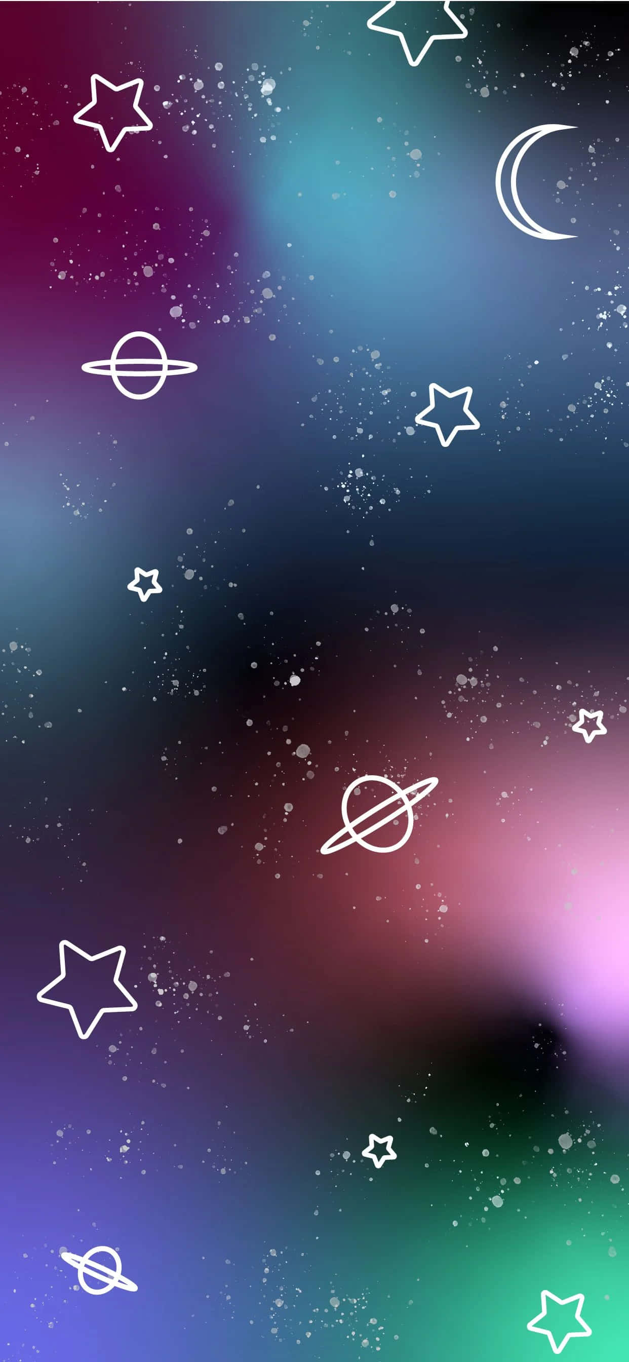 Kawaii Space 桌布 壁紙 — 一個宇宙主題的桌布，白色輪廓的星星、行星和新月漂浮在紫色、藍綠色和粉紅色的漸變星雲上。