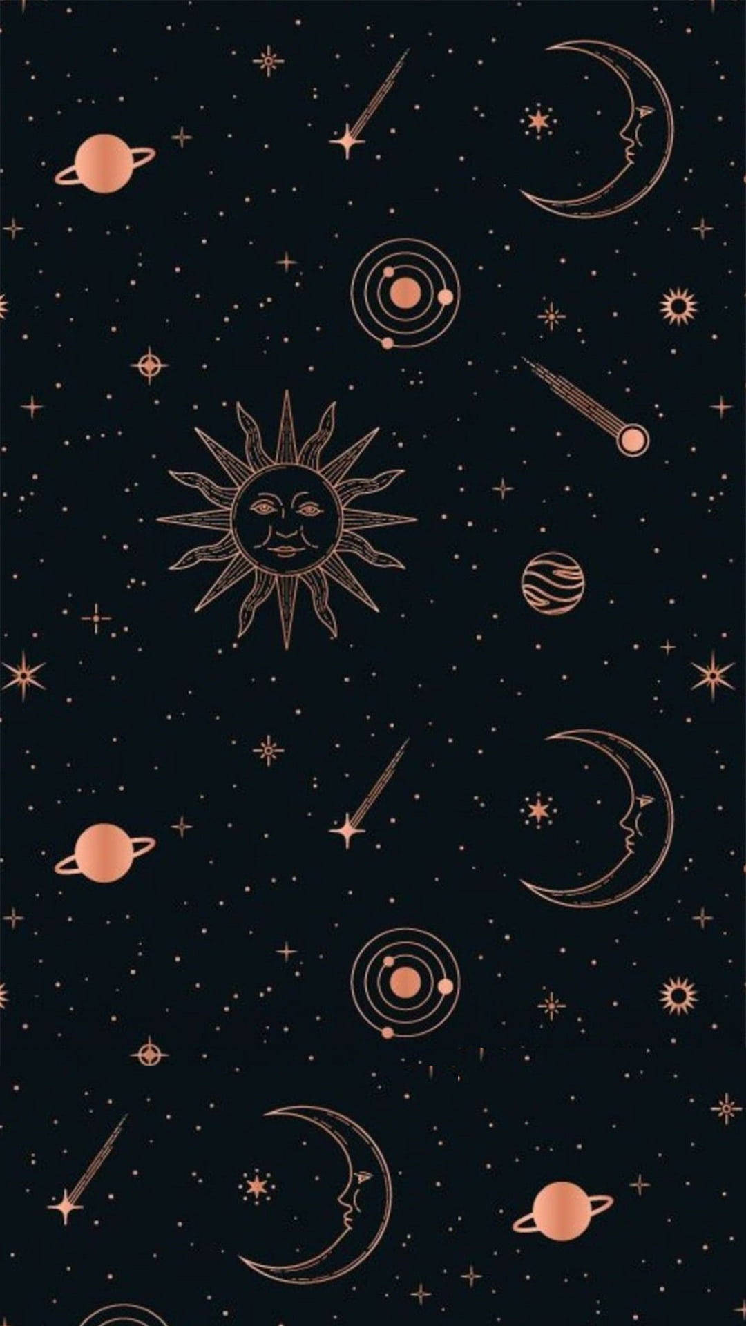 宇宙 桌布 壁紙 — 一個宇宙主題的桌布，金色天體如微笑的太陽、月亮、行星和星星散落在黑暗的夜空中。