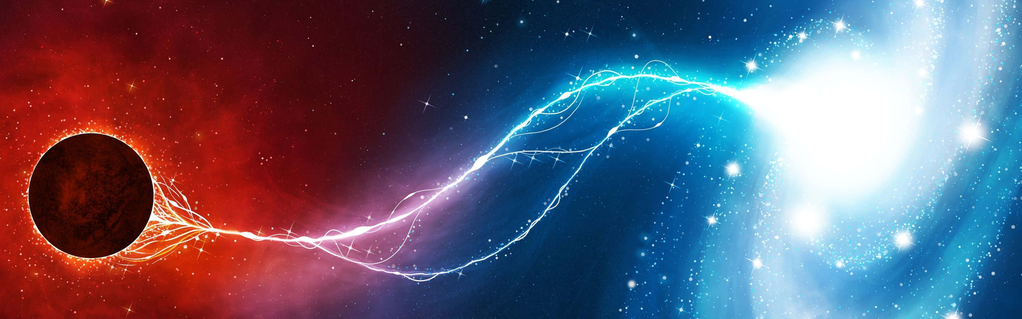 2 Monitor 桌布 壁紙 — 一個宇宙事件顯示一顆黑暗行星向一個被紅色和藍色星雲分割的星場發射明亮的藍白色能量流。