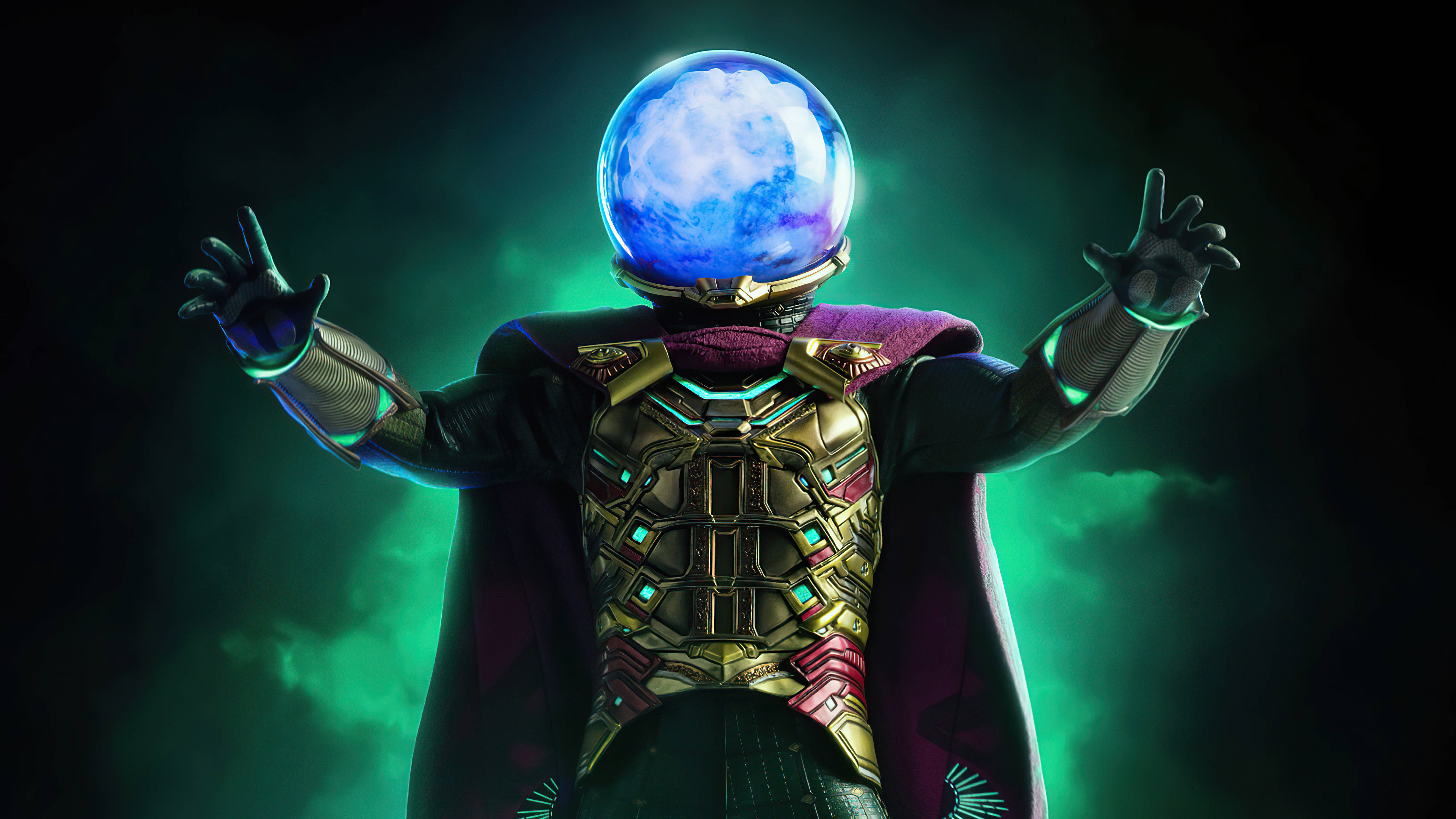 Mysterio 桌布 壁紙 — 一個宇宙人物，頭部是發光的藍色行星，身穿金色盔甲，雙臂張開，背景是深綠色星雲。