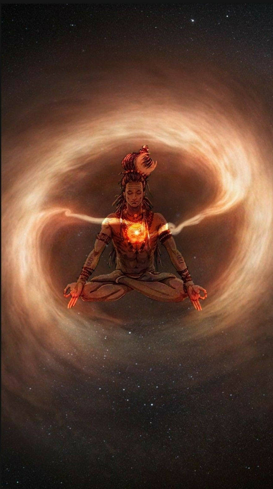 Mahadev Full HD 桌布 壁紙 — 一個宇宙人物以蓮花坐姿冥想，被發光的螺旋漩渦環繞，背景是星空虛無。
