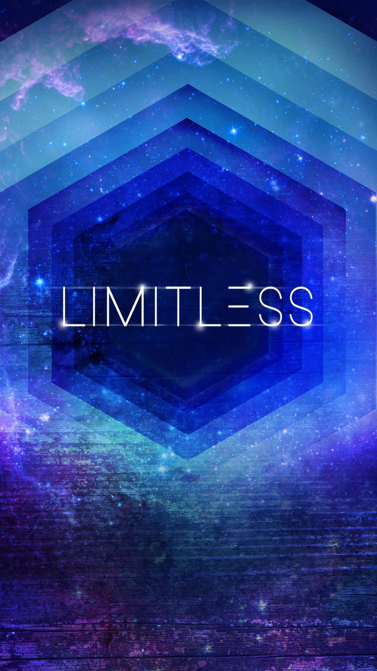Word 桌布 壁紙 — 一個宇宙六邊形，帶有發光的「LIMITLESS」文字，背景是深藍色和紫色的星雲。