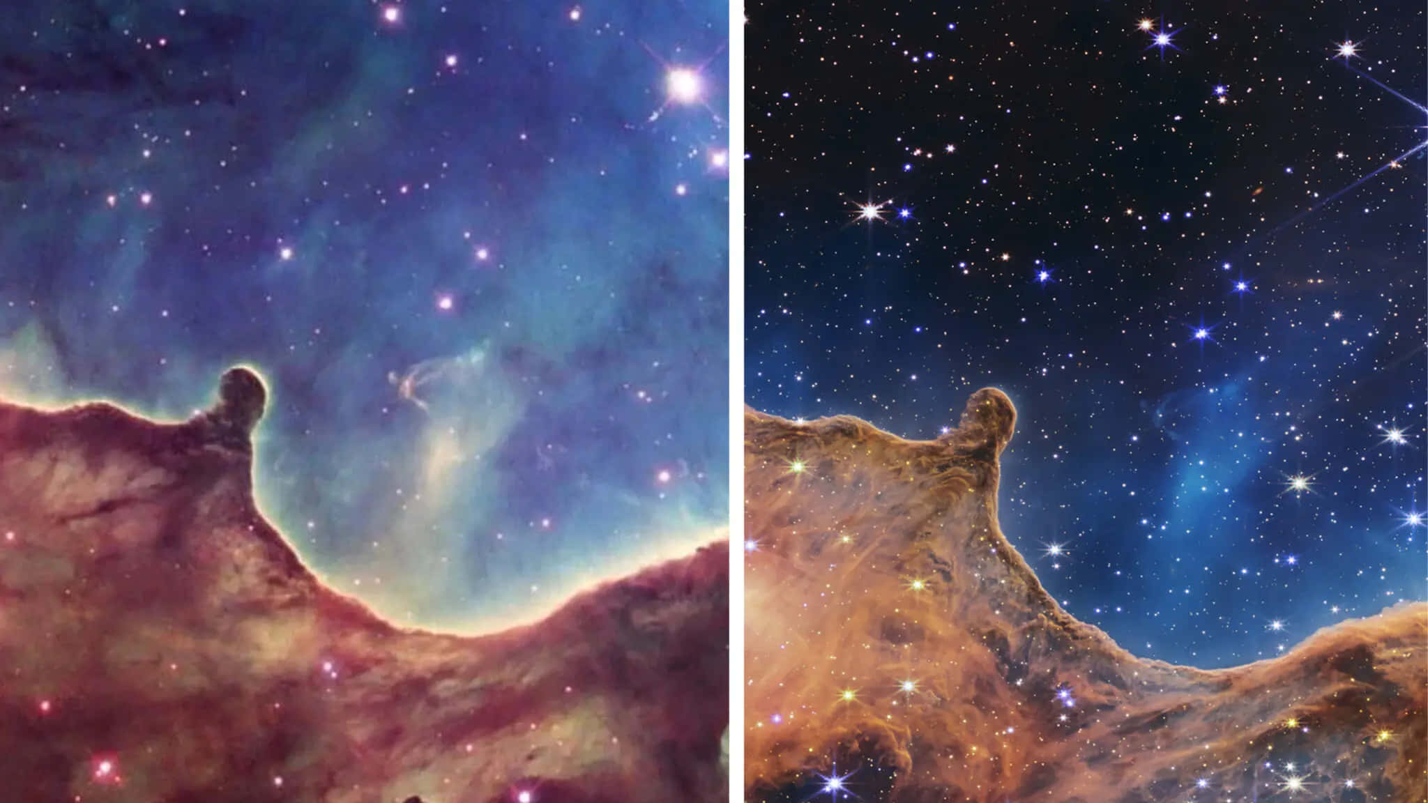 太空 桌布 壁紙 — 一個宇宙分裂視圖，顯示星場、發光星雲和星空下鋸齒狀的宇宙脊。