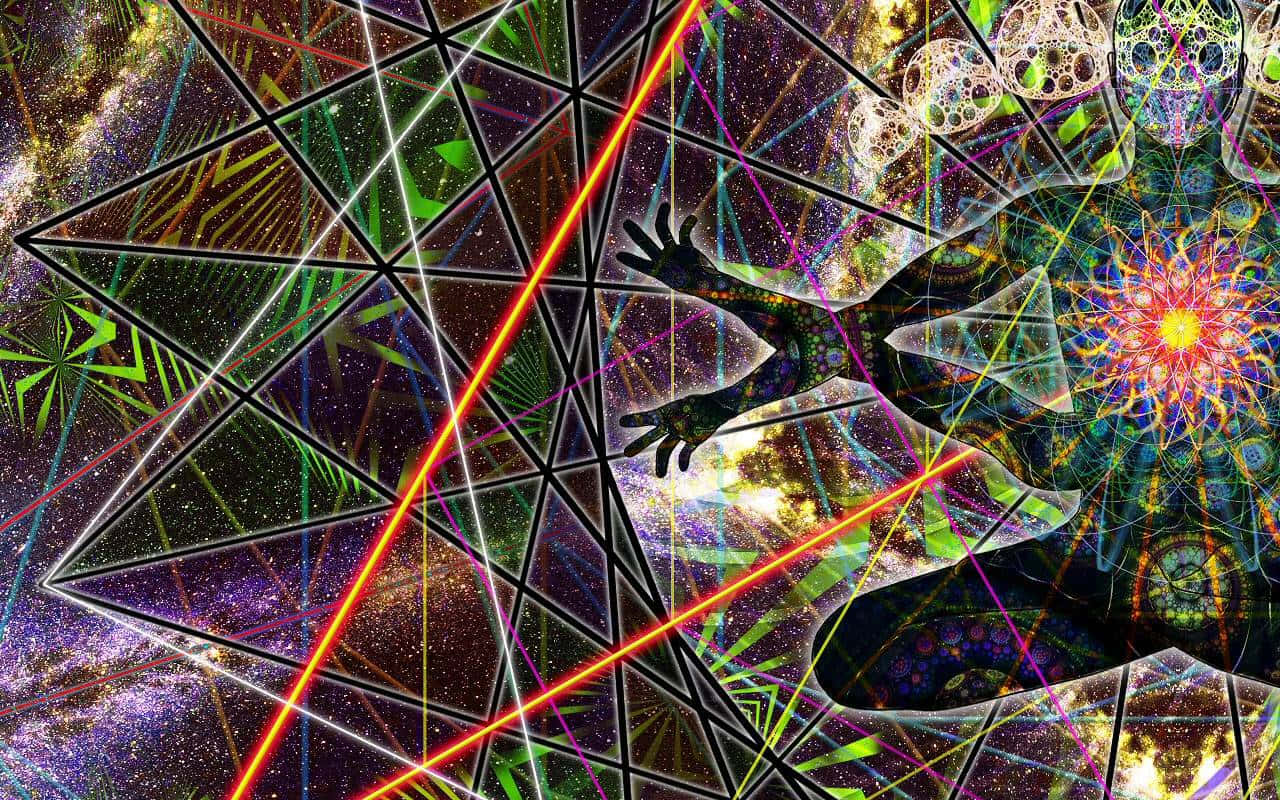 Tripping 桌布 壁紙 — 一個宇宙剪影，人物穿過發光的幾何碎形和星雲，呈現鮮豔的霓虹色彩。