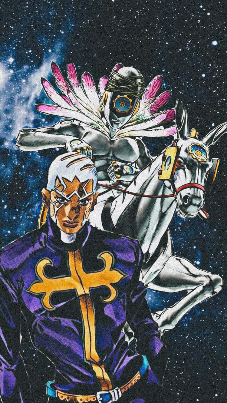 Jojo 桌布 壁紙 — 一個宇宙動漫場景，描繪一名身穿紫色衣服、帶有金色十字架的男子，以及一名騎著白馬、身穿銀色盔甲的騎士，背景是星空太空。