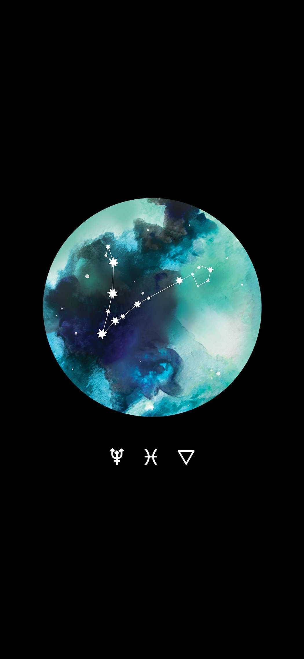 雙魚座 桌布 壁紙 — 一個宇宙圓圈，黑色背景上旋轉著藍綠色和藍色星雲以及白色星座。