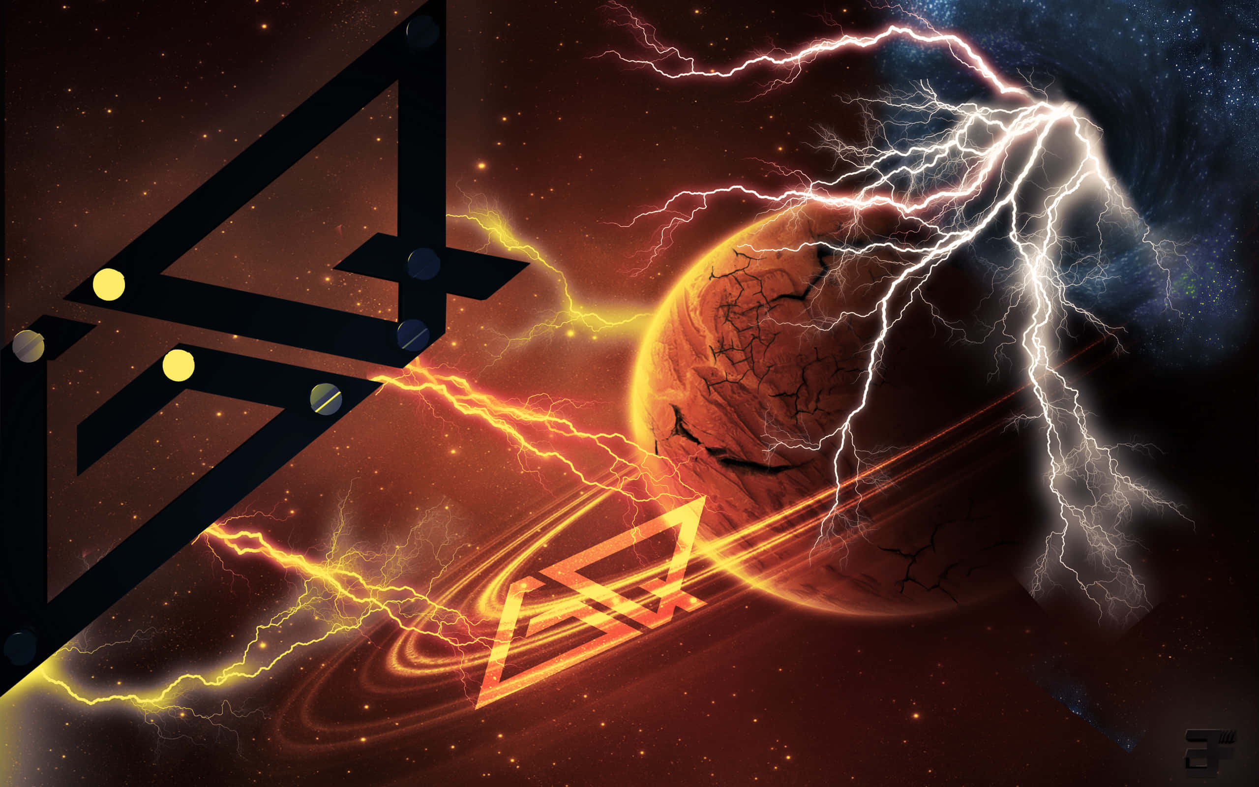 閃電 桌布 壁紙 — 一個宇宙場景，一個破裂的星球被閃電擊中，幾何符號漂浮在星空虛空中。