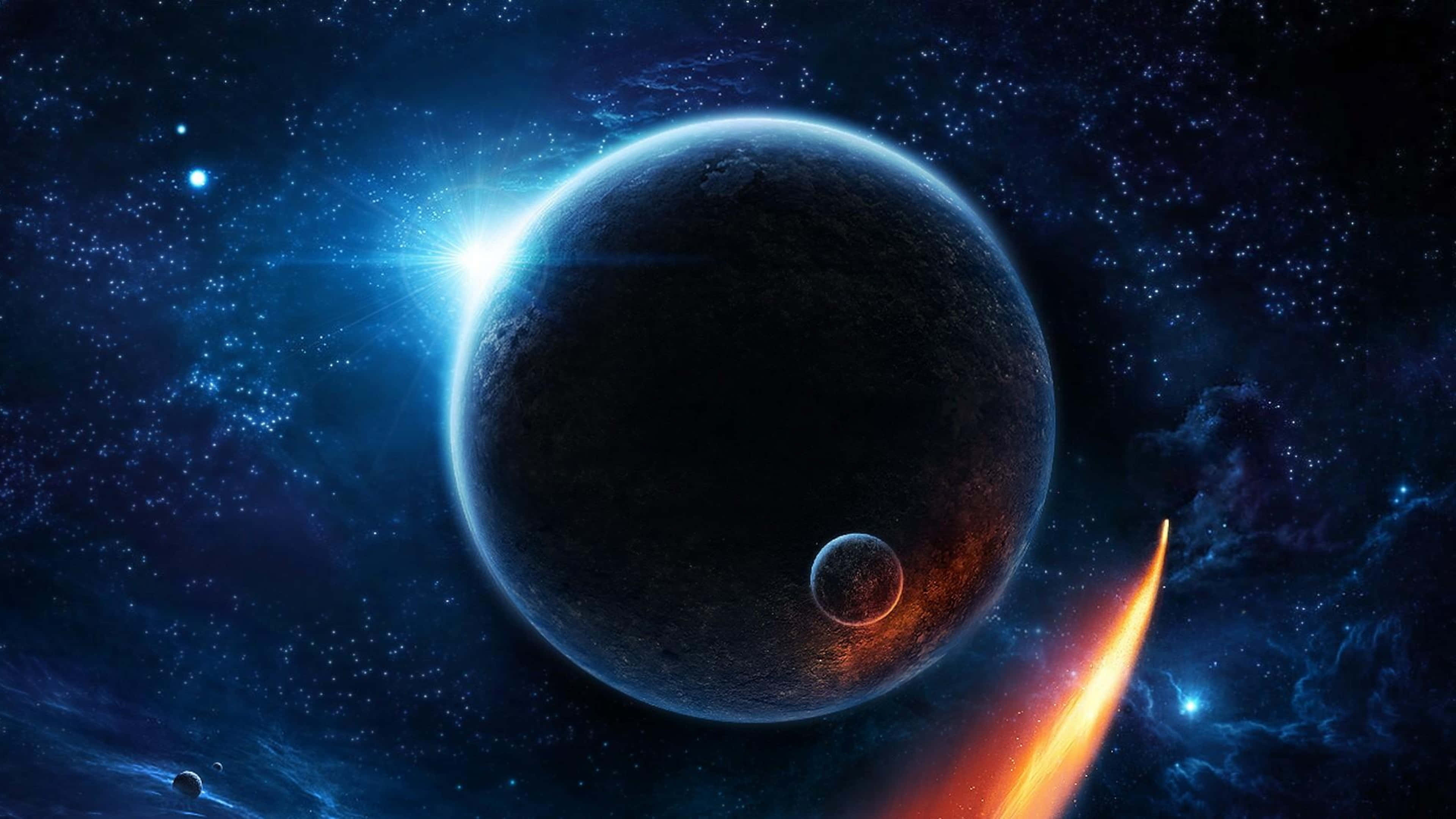4K 太空 桌布 壁紙 — 一個宇宙場景，一顆巨大的黑暗行星發出藍色邊緣的光芒，一顆明亮的恆星在其後閃耀，一枚熾熱的火箭飛馳而過。
