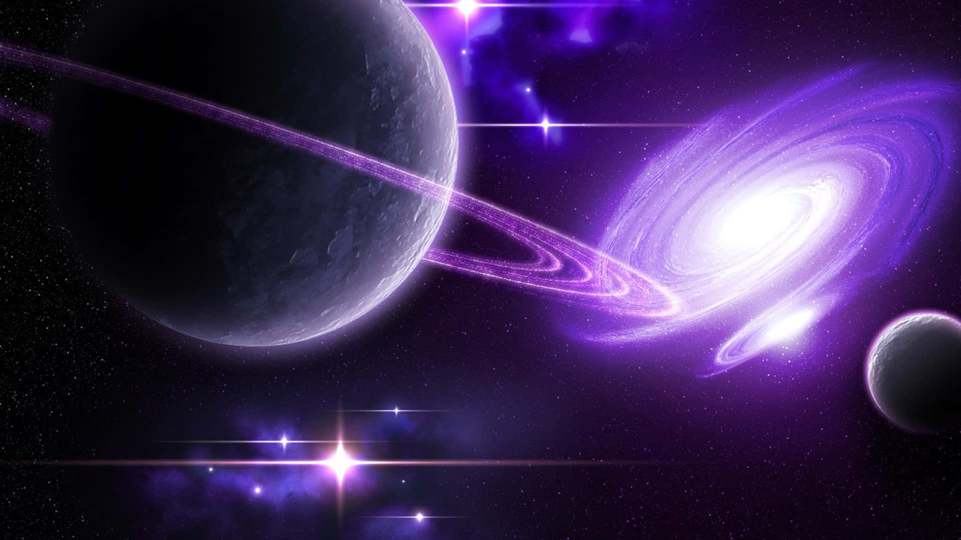 Galaxy Planet 桌布 壁紙 — 一個宇宙場景，一顆帶有光環的大型行星在發光的紫色螺旋星系和明亮恆星附近運行。