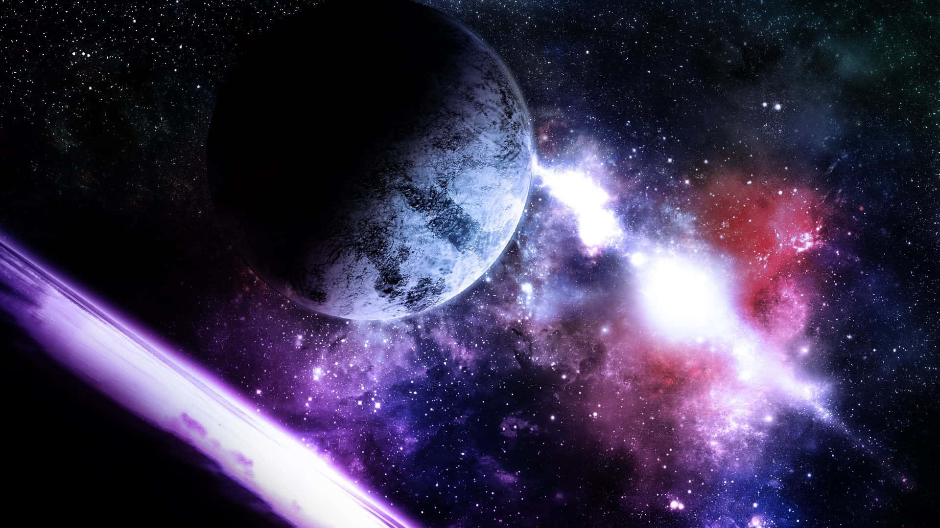 Deep Space HD 桌布 壁紙 — 一個宇宙場景，一顆帶有冰凍紋理的黑暗行星漂浮在一個在星空中發出紫色和紅色光芒的充滿活力的星雲附近。