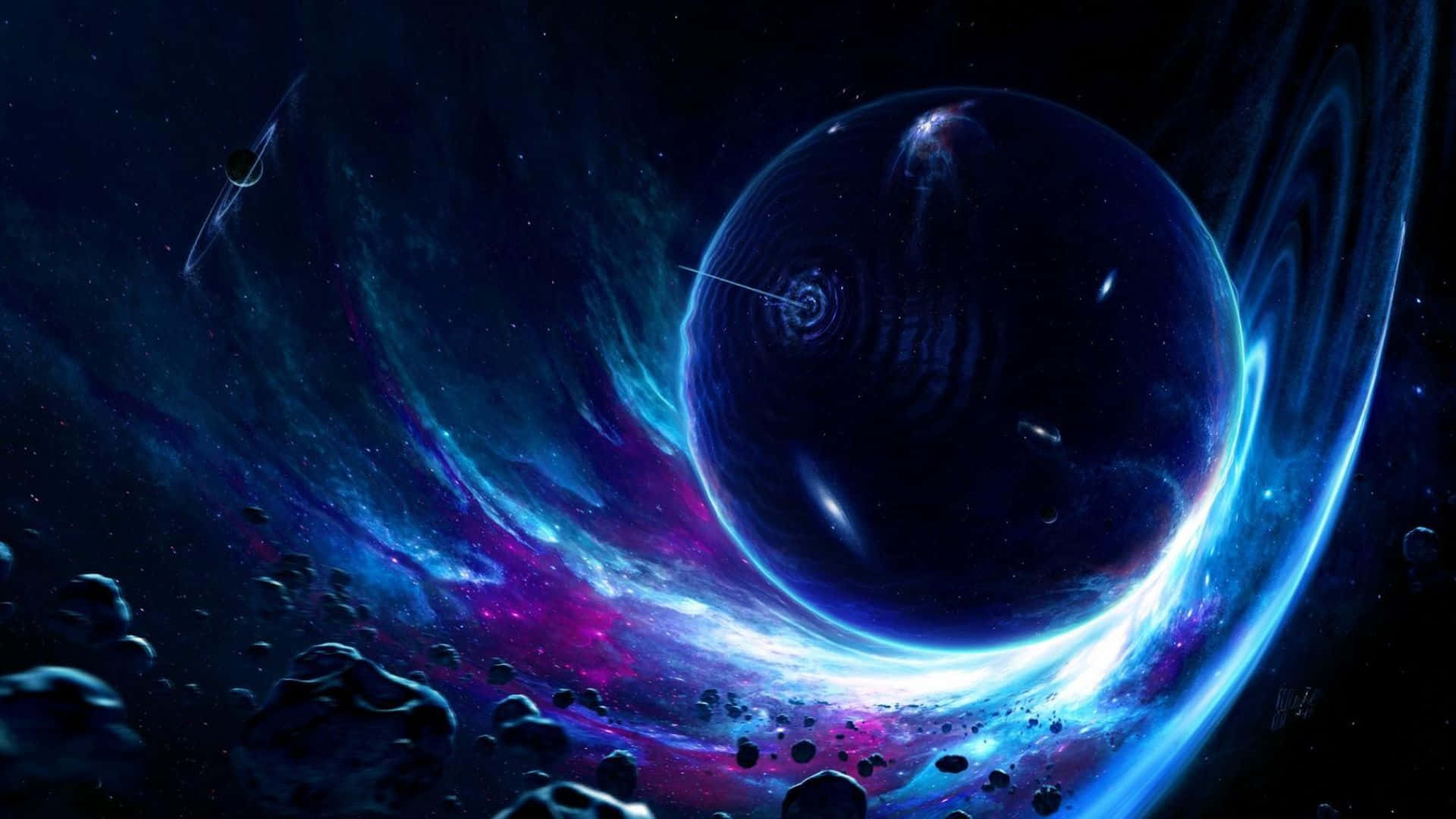 3d Galaxy 桌布 壁紙 — 一個宇宙場景，一顆發光的藍色行星被旋轉的星雲和漂浮的小行星環繞，背景是星空。