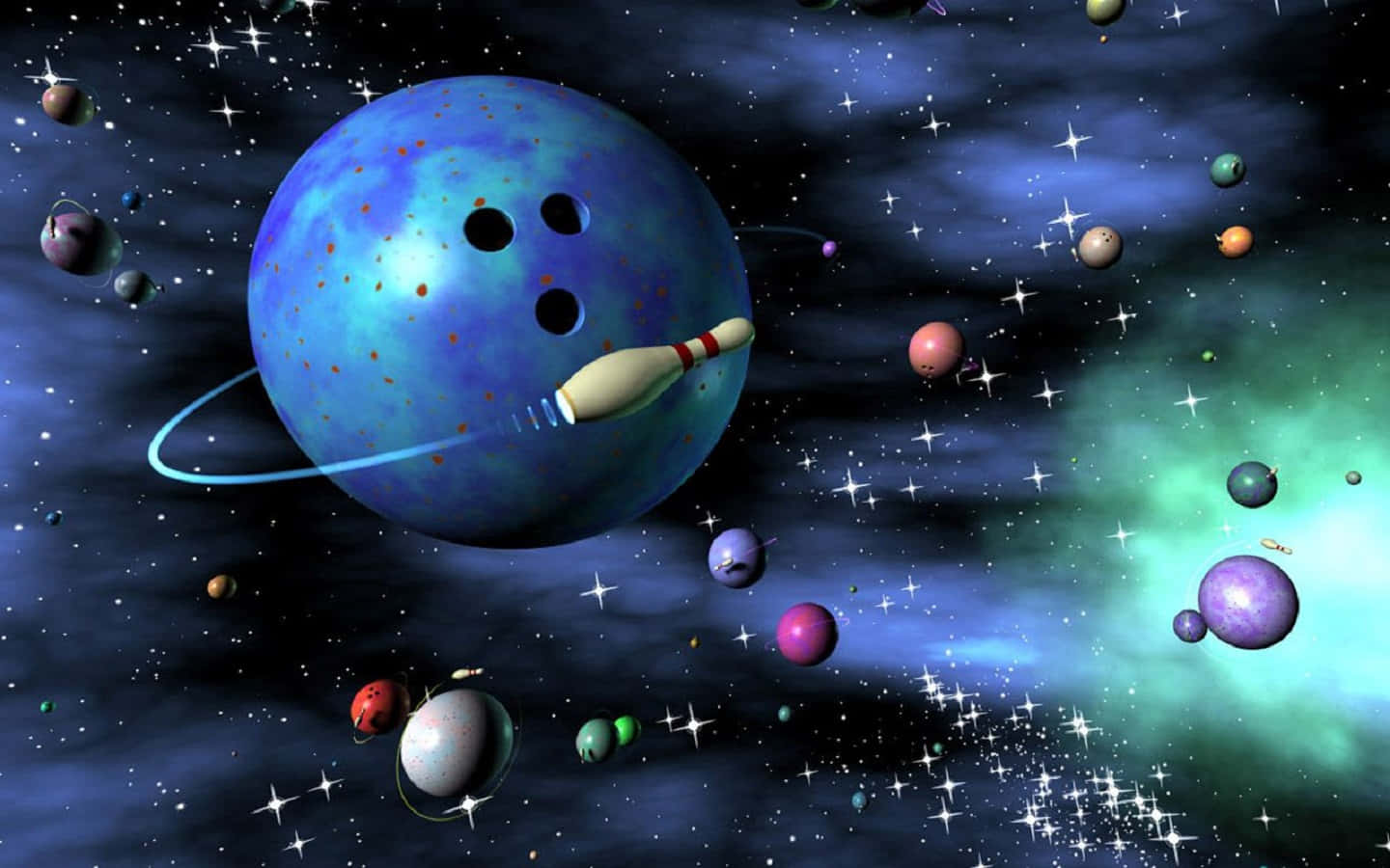 保齡球 桌布 壁紙 — 一個宇宙場景，一顆藍色保齡球行星帶有三個孔，繞著保齡球瓶衛星運行，周圍是色彩繽紛的行星和閃爍的星星。