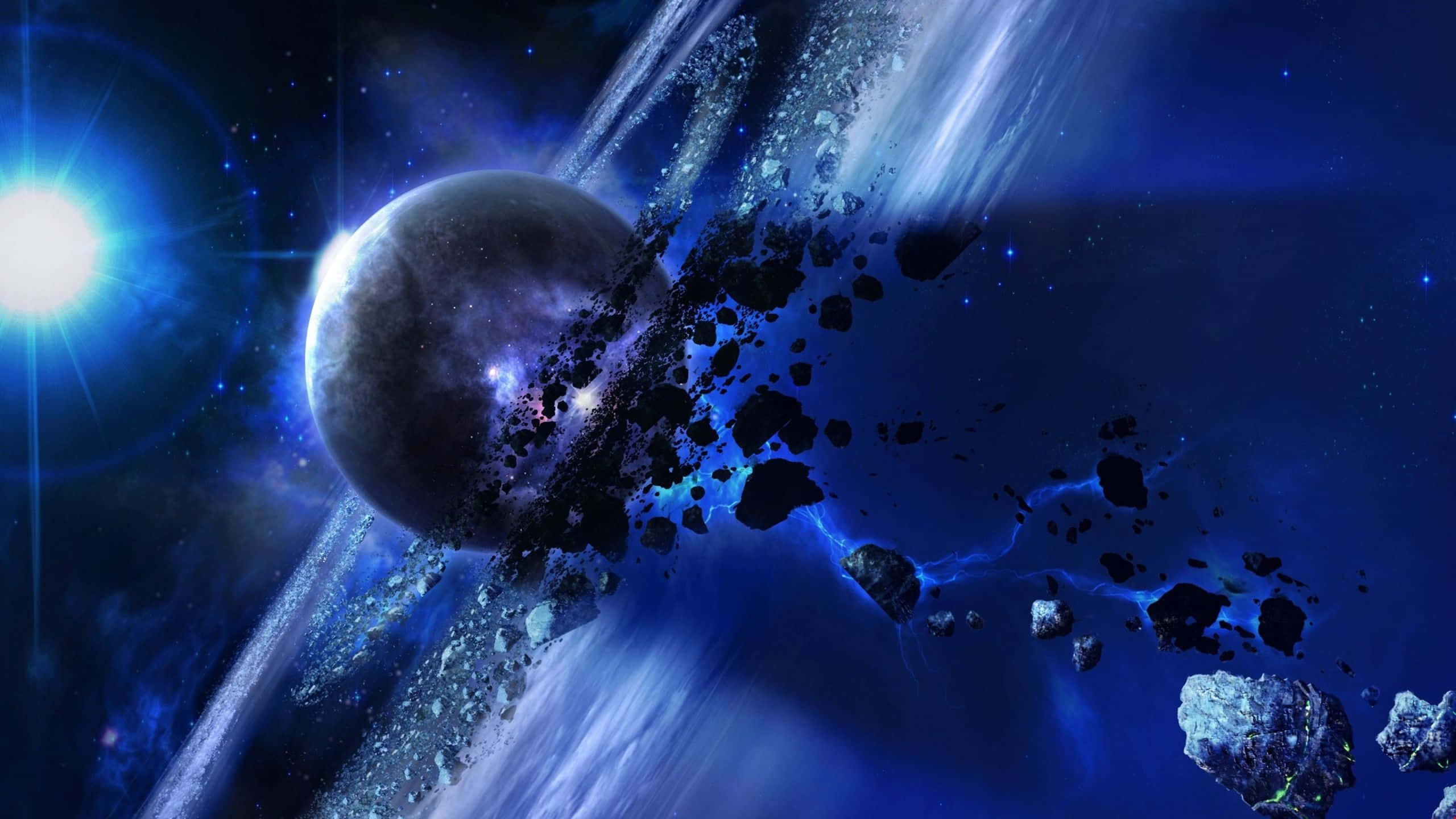 Deep Space 桌布 壁紙 — 一個宇宙場景，一顆行星和小行星在深藍色太空中掠過一顆明亮的恆星。
