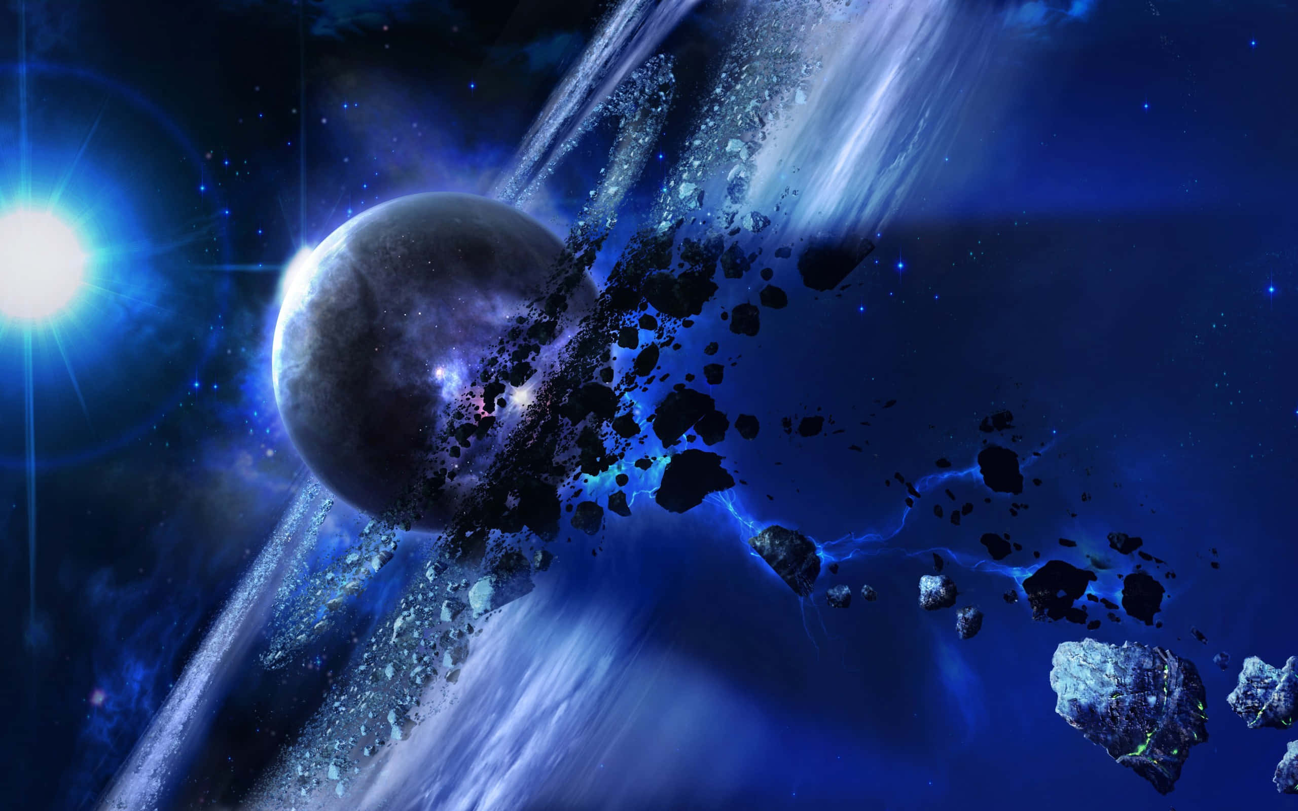 史詩 桌布 壁紙 — 一個宇宙場景，一顆行星和小行星在深藍色太空中飛馳，被一顆明亮的恆星照亮。