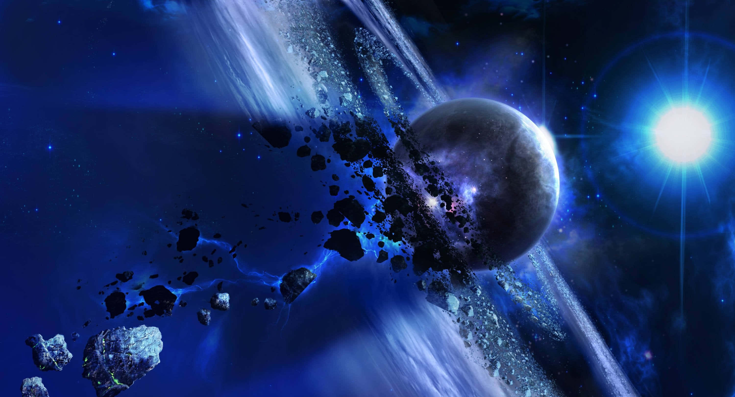 宇宙 桌布 壁紙 — 一個宇宙場景，一顆行星被小行星撞擊，背景是充滿活力的藍色星雲和一顆明亮的星星。