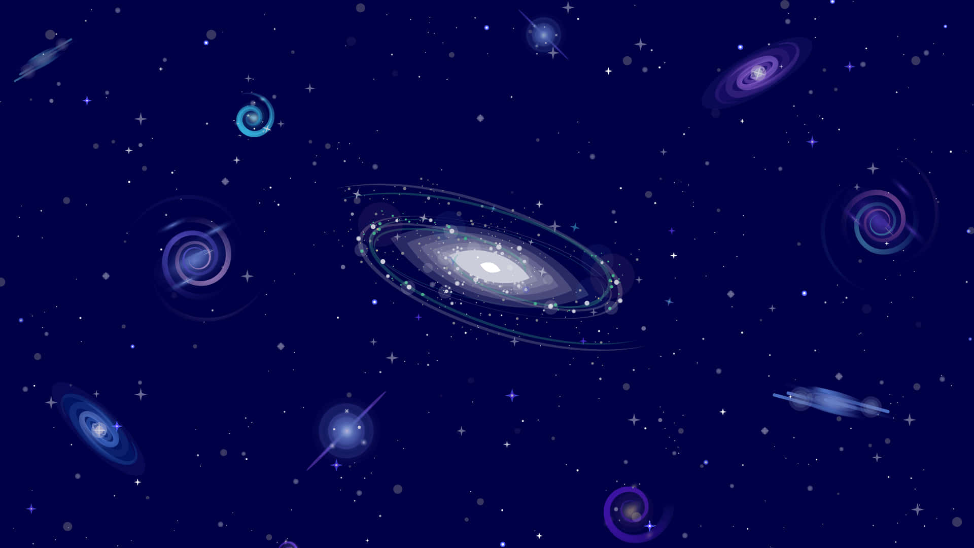 藝術 桌布 壁紙 — 一個宇宙場景，中央有一個螺旋星系，周圍環繞著較小的星系和閃爍的星星，背景是深藍色的太空。