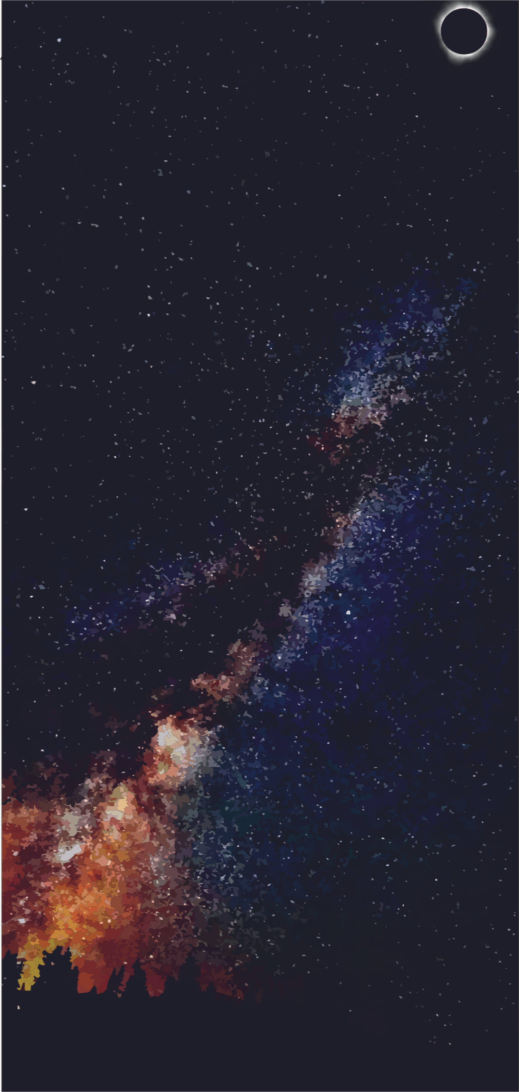 太空 桌布 壁紙 — 一個宇宙場景，充滿活力的星系對角線劃過星場，右上角有一彎新月。