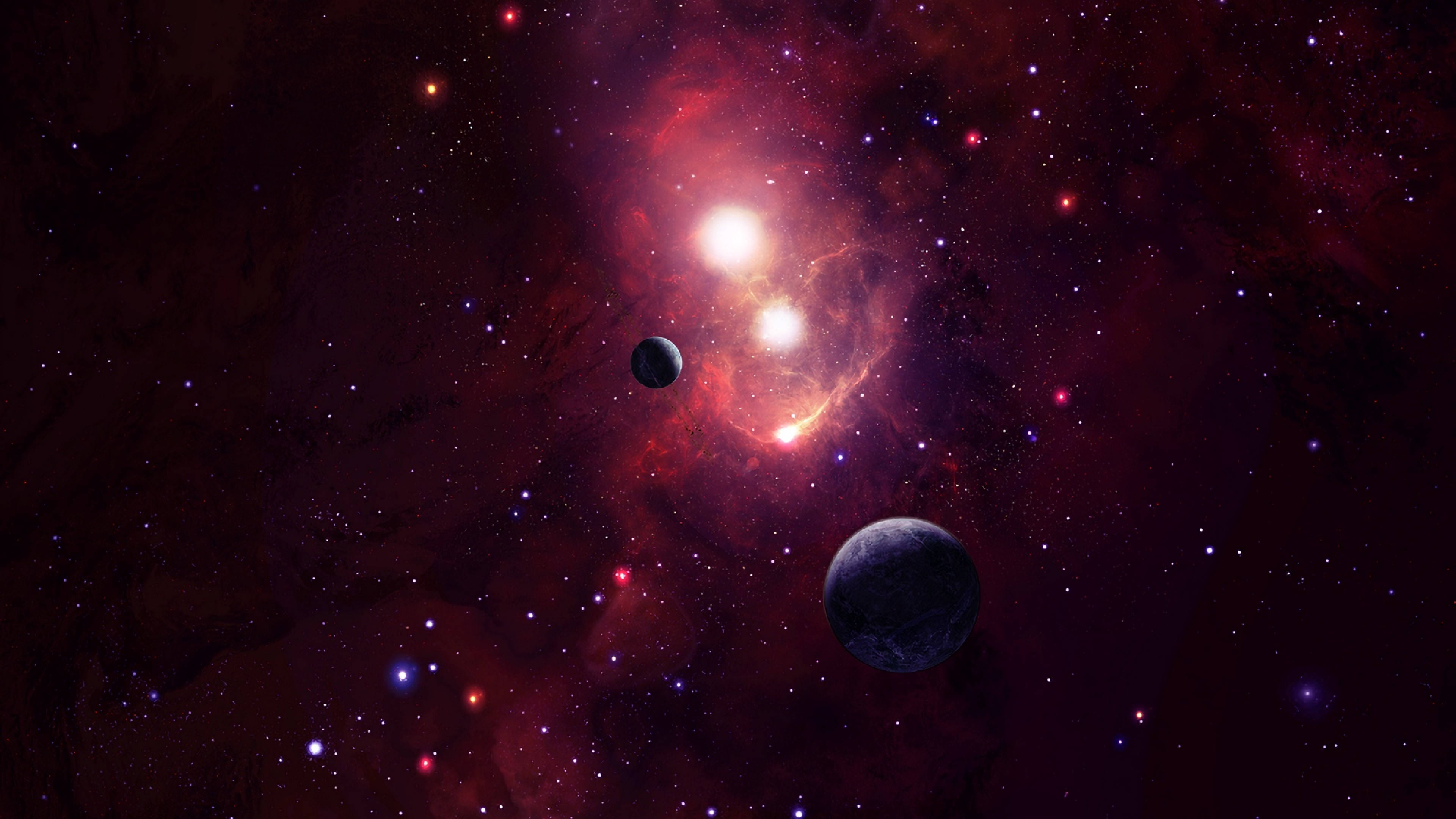 宇宙 桌布 壁紙 — 一個宇宙場景，兩顆行星圍繞著一個充滿恆星和宇宙塵埃的發光紅色星雲運行。