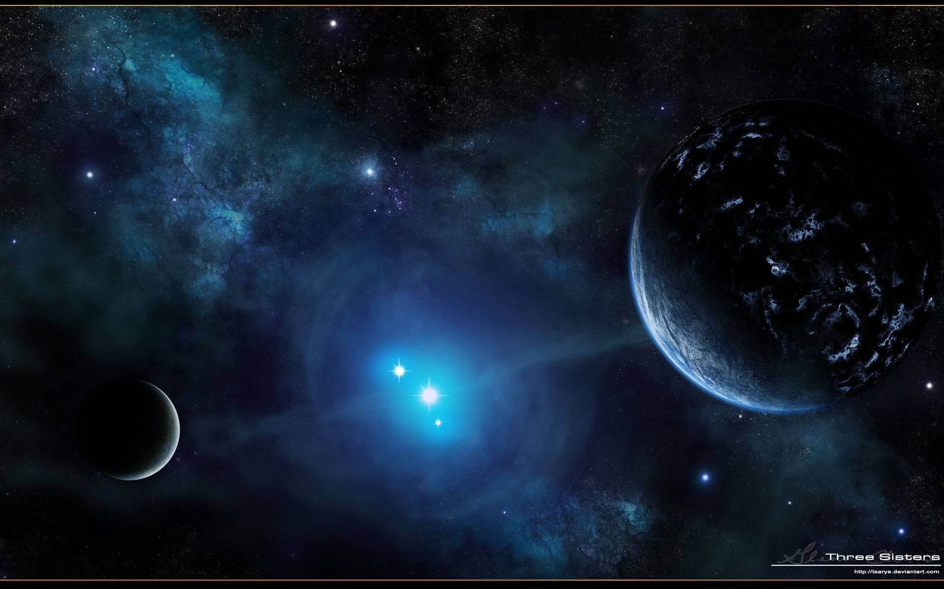 blue space phone 桌布 壁紙 — 一個宇宙場景，兩顆行星圍繞著一顆明亮的藍色恆星運行，周圍環繞著旋轉的藍綠色星雲和遙遠的恆星。