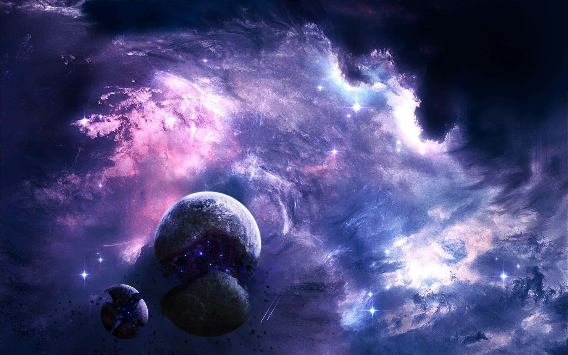 銀河 桌布 壁紙 — 一個宇宙場景，兩顆行星漂浮在佈滿明亮星星的旋轉紫色和藍色星雲中。