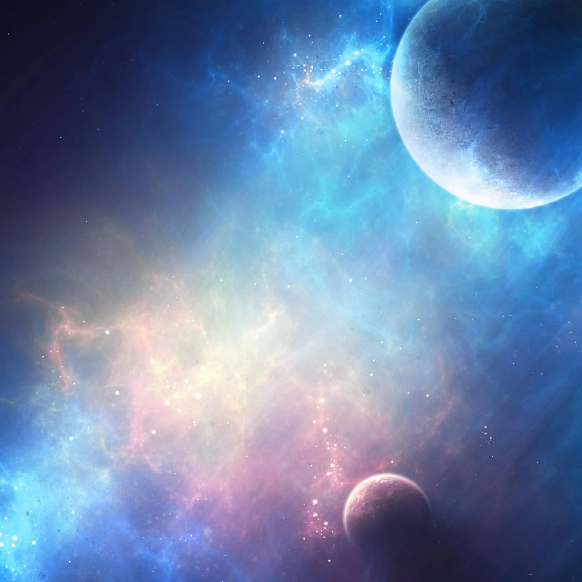 兩顆行星在充滿星星和宇宙塵埃的彩色星雲中運行。