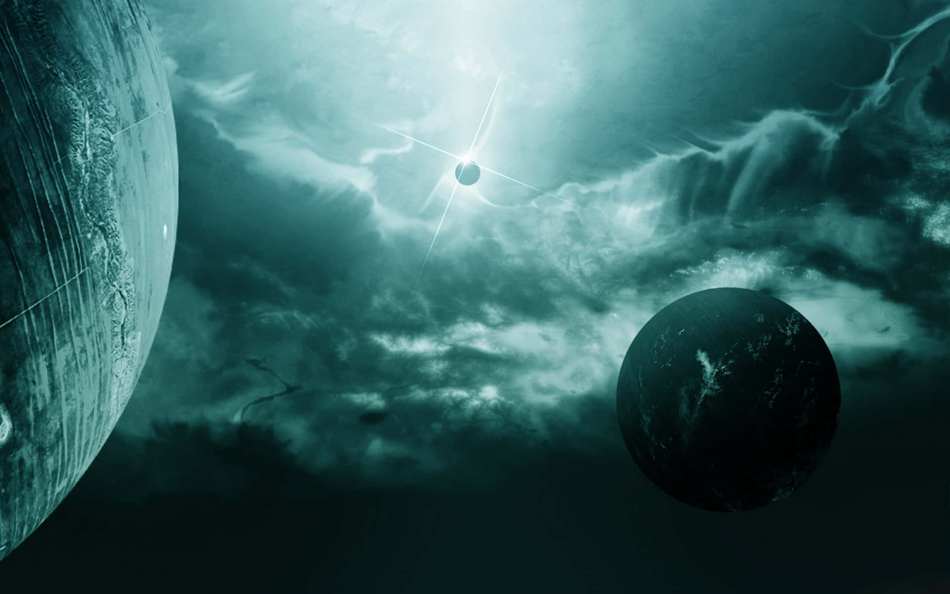 Deep 桌布 壁紙 — 一個宇宙場景，兩顆行星漂浮在青綠色的天空下，一顆明亮的星星穿過旋轉的雲層。