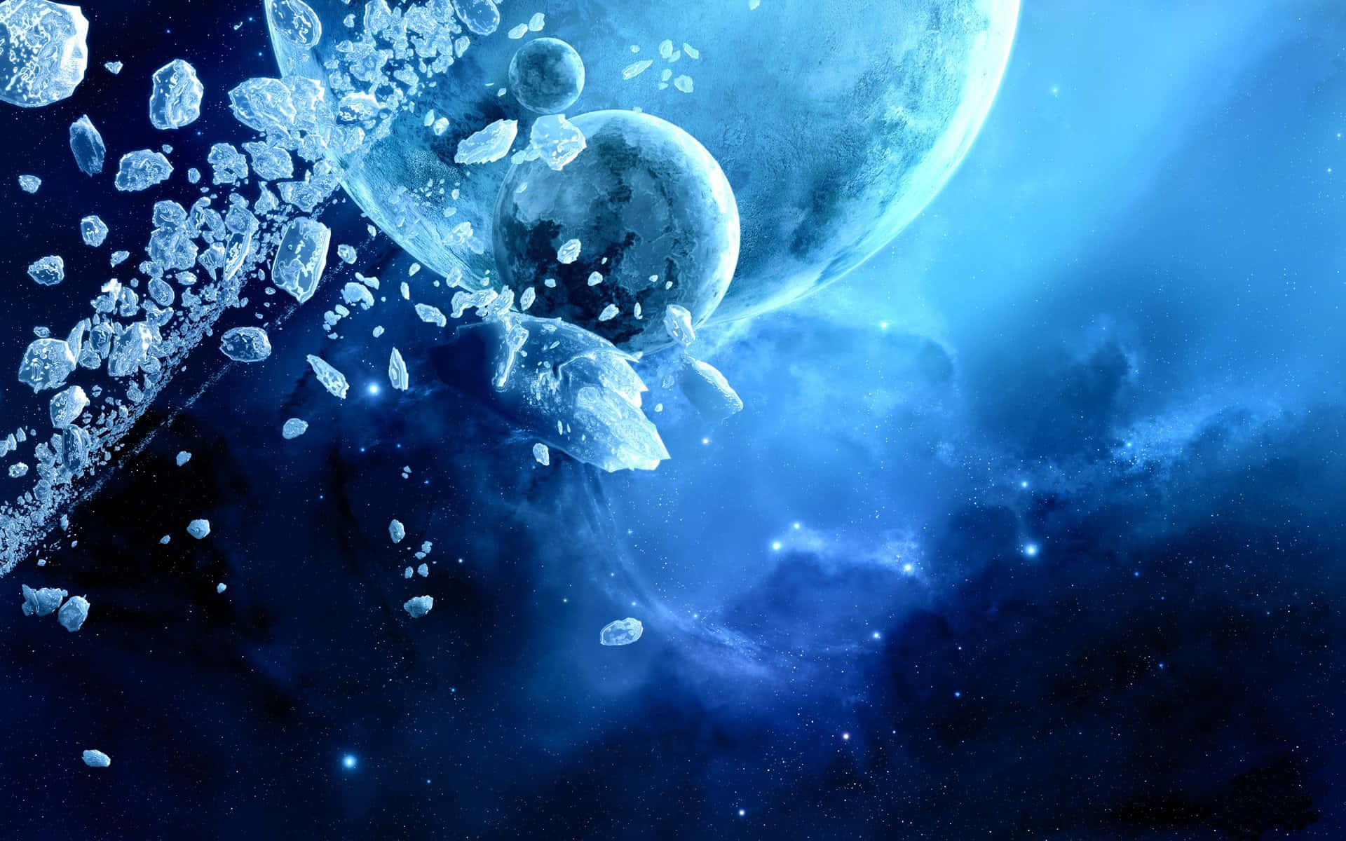 Icy 桌布 壁紙 — 一個宇宙場景，冰凍小行星漂浮在發光的藍色行星附近，背景是繁星點點的星雲。
