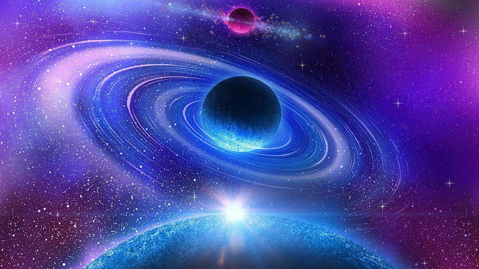 酷炫太空 桌布 壁紙 — 一個宇宙場景，包含一個帶有光環的發光藍色行星、一個黑暗球體和一個明亮的星爆，背景是紫色星空。