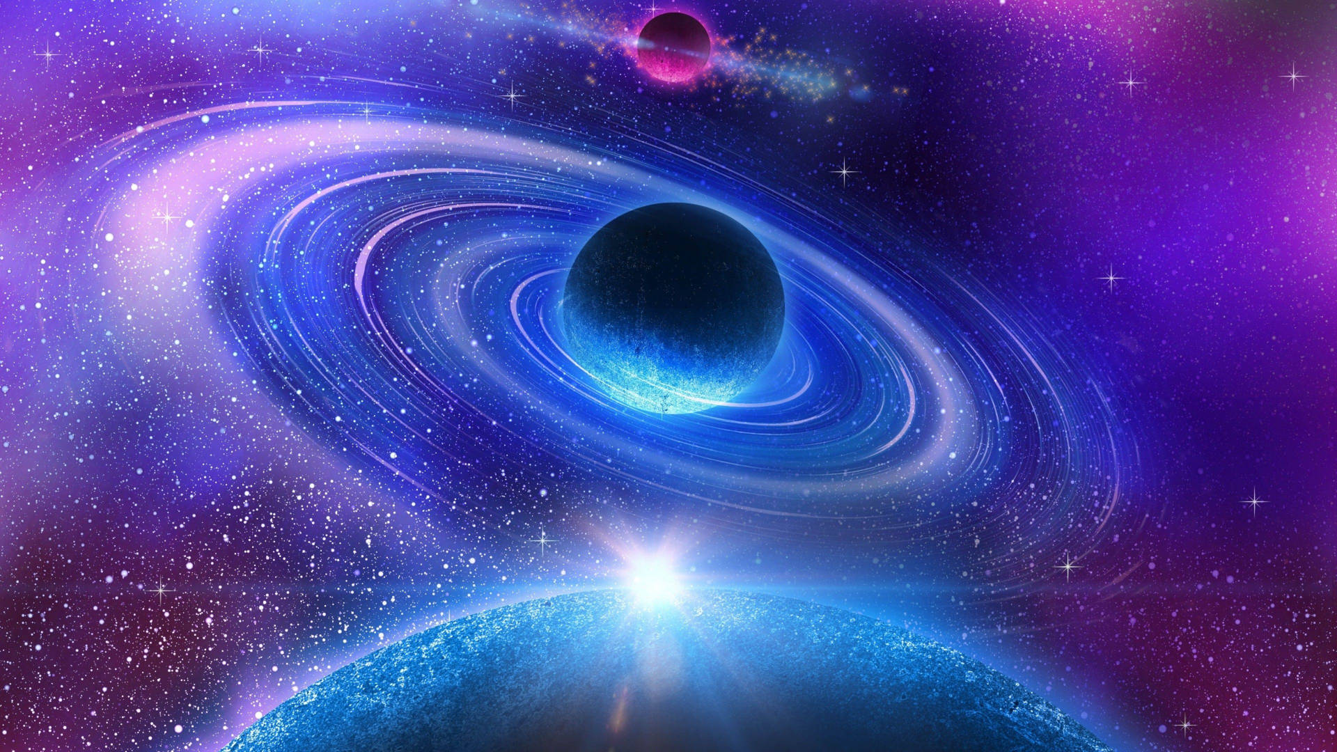 太陽系 桌布 壁紙 — 一個宇宙場景，包含一個帶有光環的發光藍色行星、上方一個黑暗行星，以及下方一個明亮的星爆，背景是紫色星空。