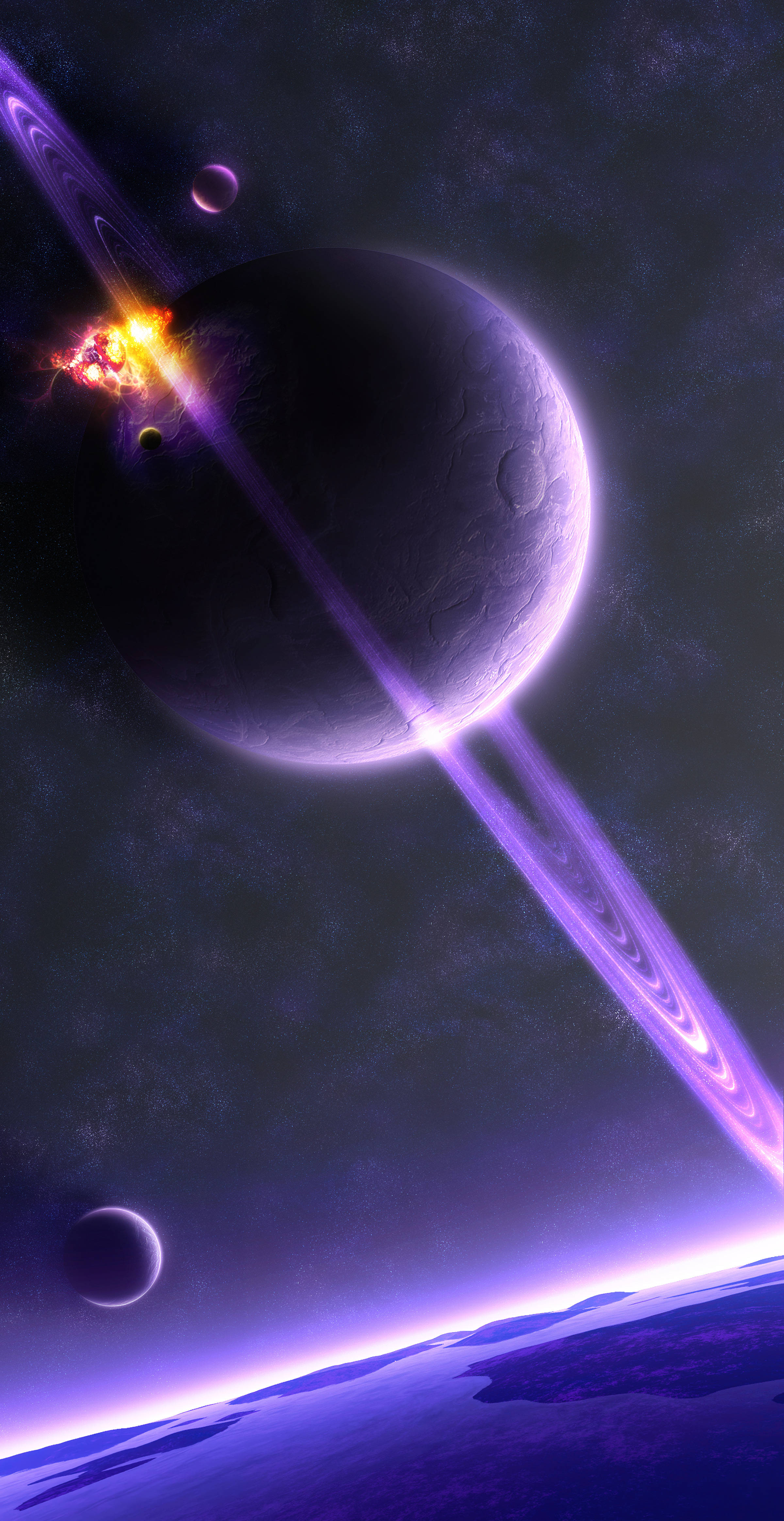 土星 桌布 壁紙 — 一個宇宙場景，包含一個帶有發光環的大型紫色行星，以及其表面附近的一個熾熱天體事件。