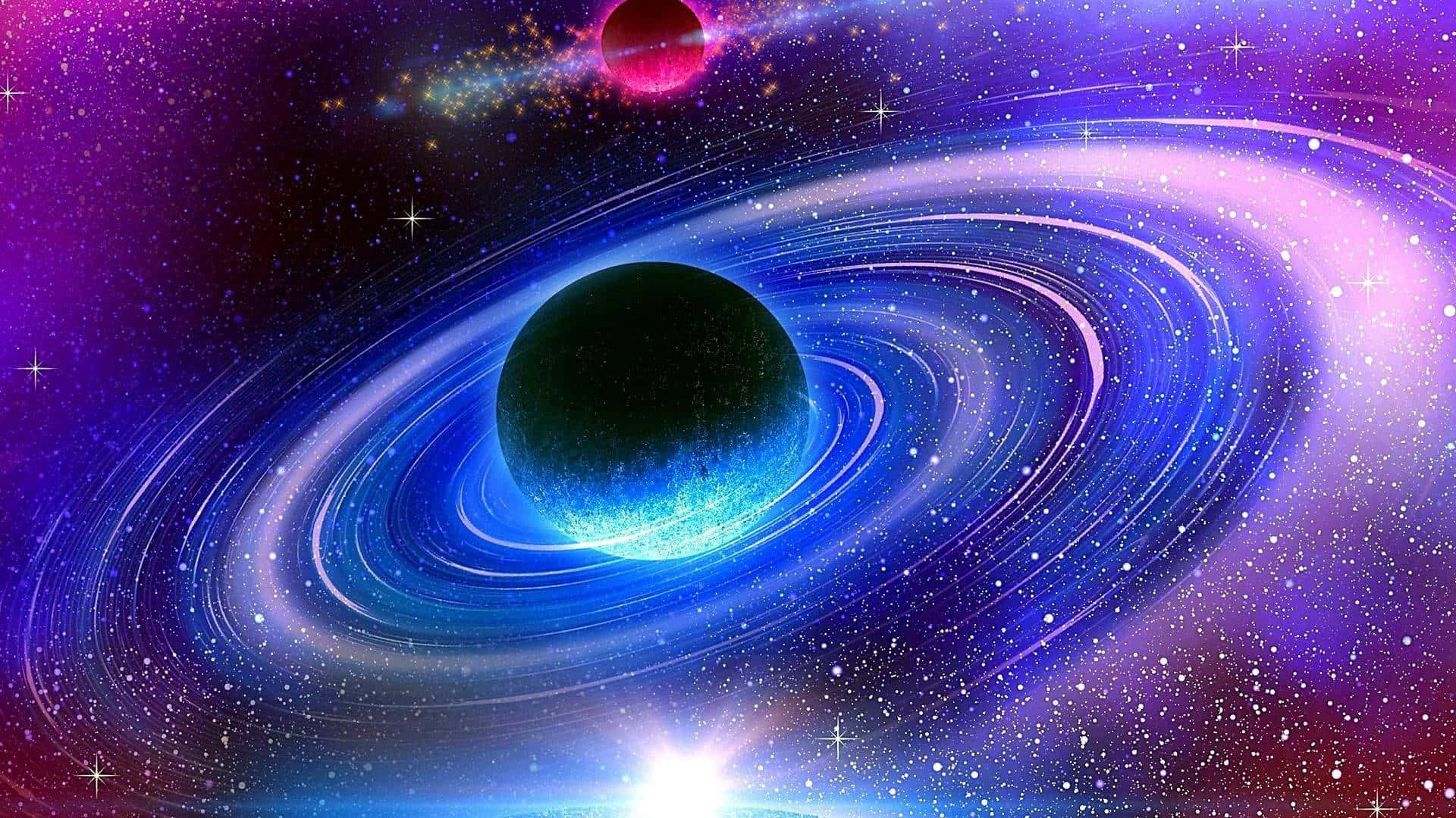 images 桌布 壁紙 — 一個宇宙場景，包含一個帶有發光藍色環的黑暗行星，周圍環繞著充滿活力的紫色和粉紅色星雲以及遙遠的星星。