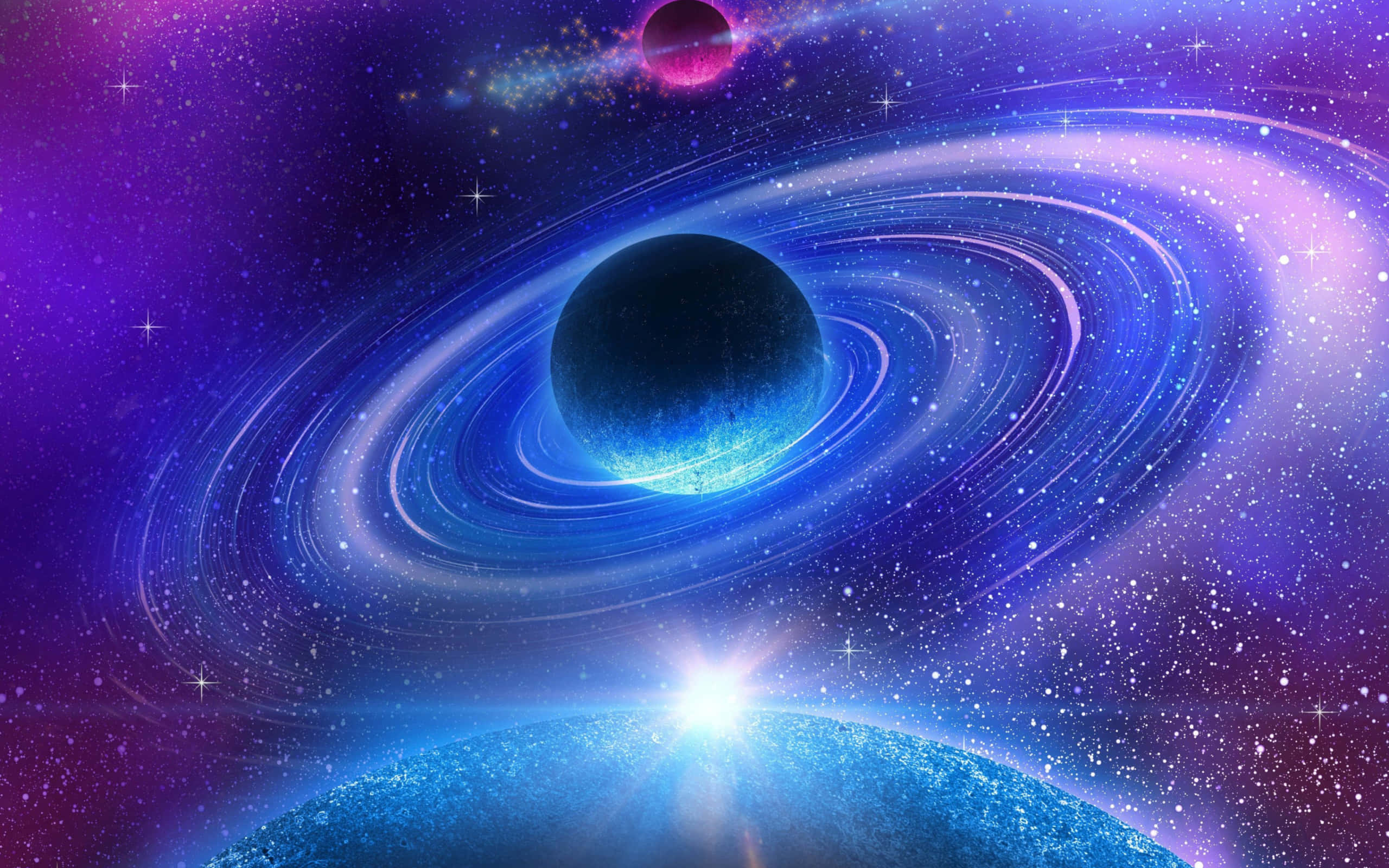 行星動畫 桌布 壁紙 — 一個宇宙場景，包含一顆發光的藍色行星，帶有旋轉的環，以及一個明亮的星爆，背景是紫色的星場。