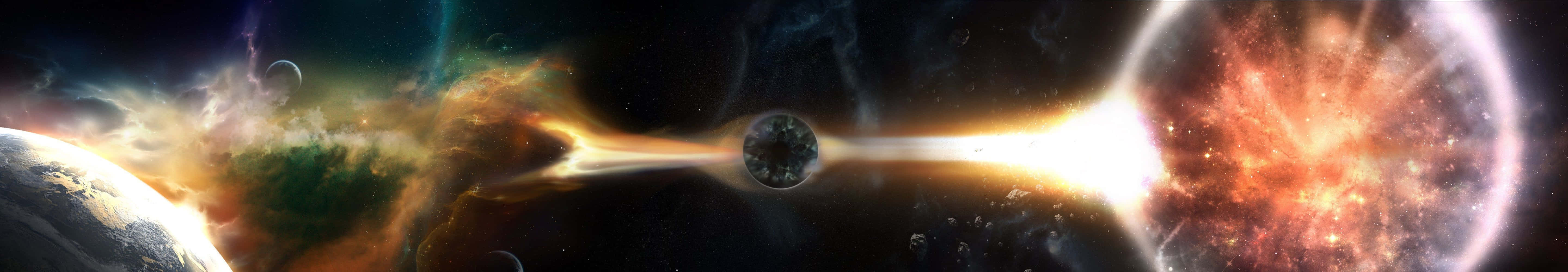 桌布 壁紙 — 一個宇宙場景，包含一顆行星、一個黑洞和一個發出鮮豔橙色和藍色光芒的星雲。
