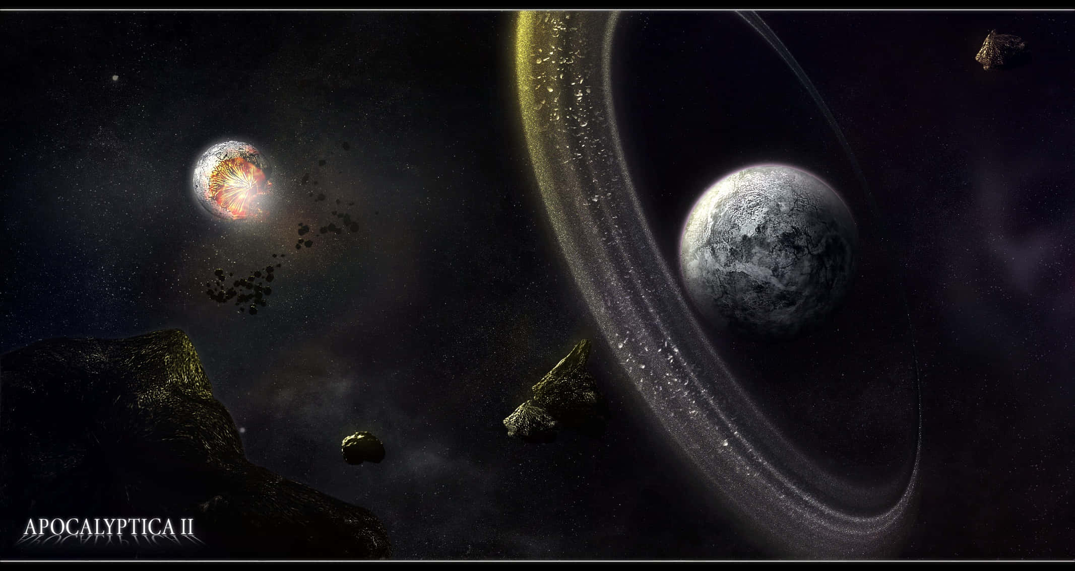 科幻 桌布 壁紙 — 一個宇宙場景，包含帶環行星、熾熱爆炸的恆星，以及漂浮在深空中的小行星。