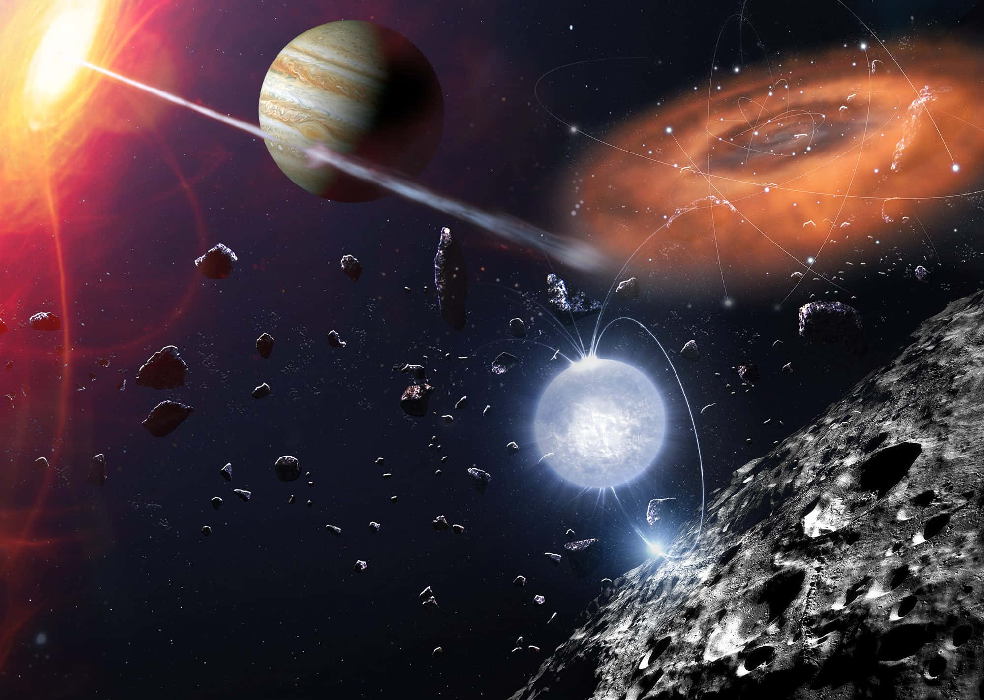 Outerspace 桌布 壁紙 — 一個宇宙場景，包含木星、一顆明亮的星星和一個發光的星雲，周圍環繞著小行星，位於深空之中。