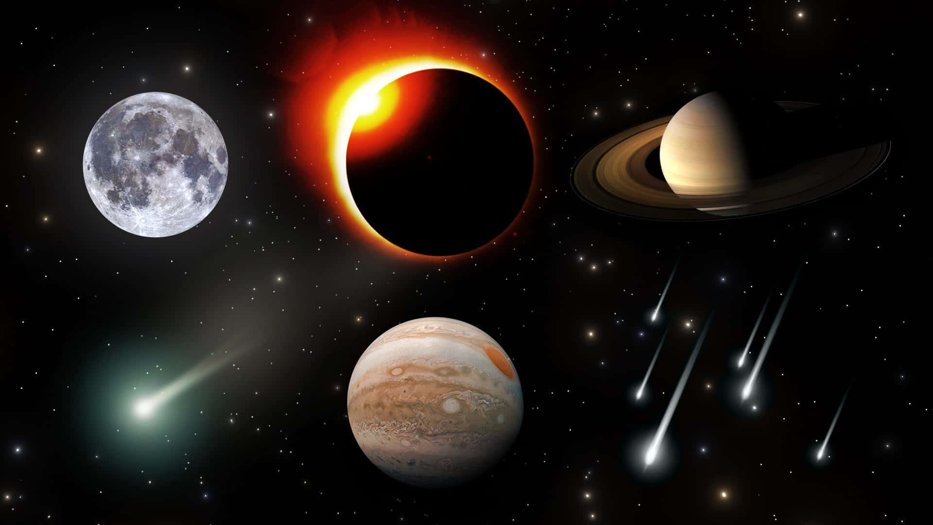太陽系 桌布 壁紙 — 一個宇宙場景，包含木星、土星、月球和日食，周圍有流星和星星。