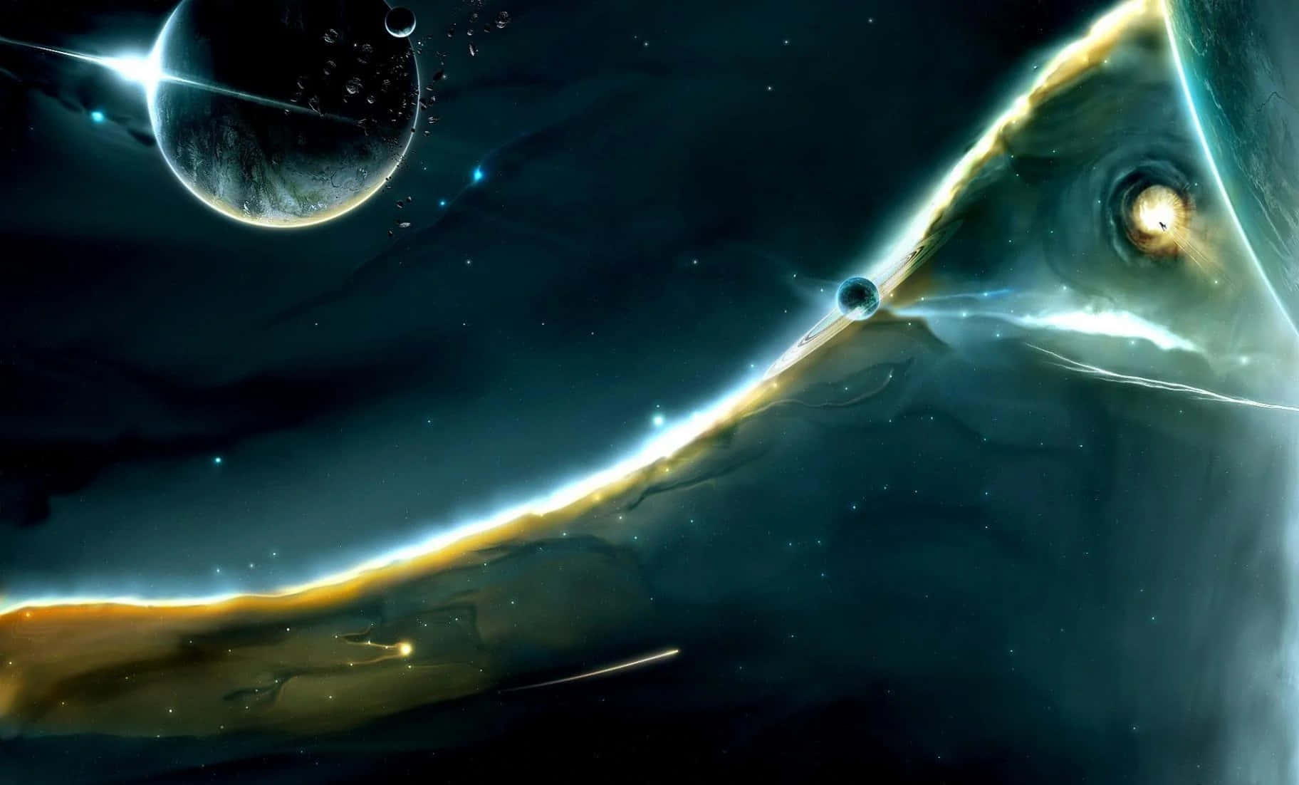 史詩 桌布 壁紙 — 一個宇宙場景，包含發光的星雲、行星和恆星，在深空中帶有充滿活力的光跡。