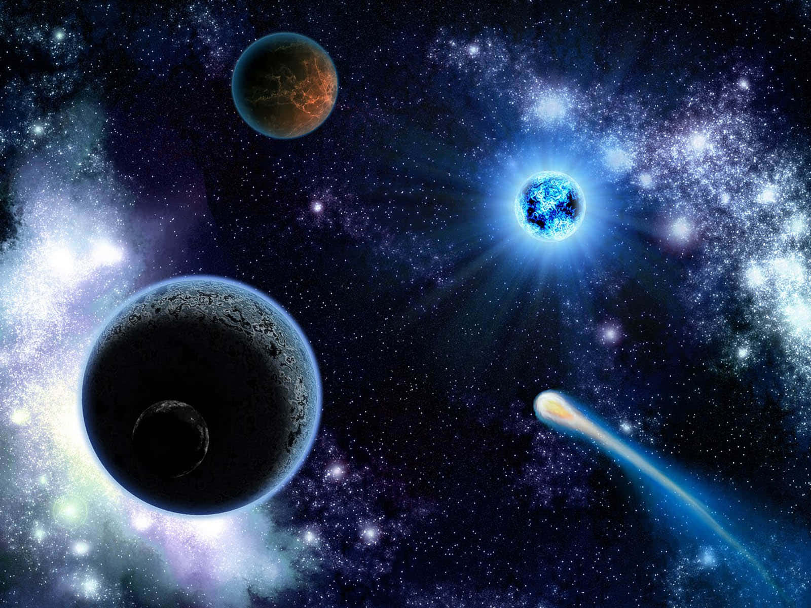 外太空 桌布 壁紙 — 一個宇宙場景，包含發光的行星、星雲和一顆彗星劃過星野，呈現出燦爛的藍色和紫色色調。