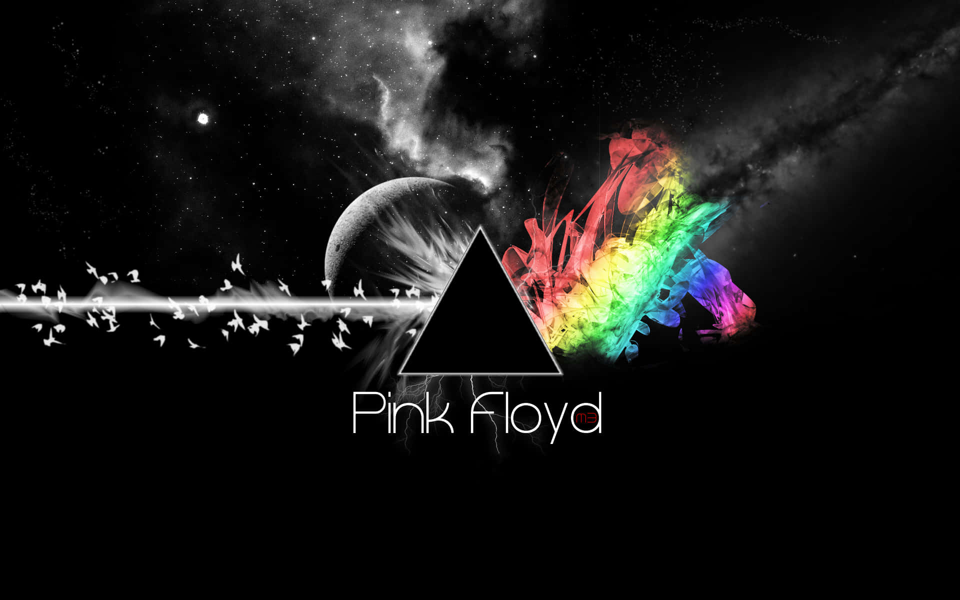 桌布 壁紙 — 一個宇宙場景，包含黑色三角形、彩虹星雲、行星和一群鳥，背景是星空，並帶有Pink Floyd文字。