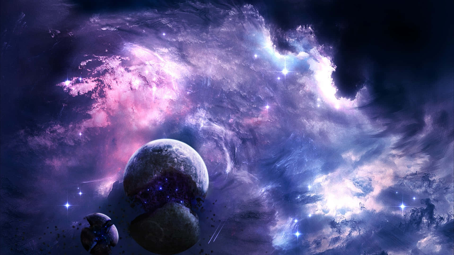 酷炫太空 桌布 壁紙 — 一個宇宙場景，在星空下，一個發光的紫色和藍色星雲圍繞著一個大行星和較小的天體旋轉。
