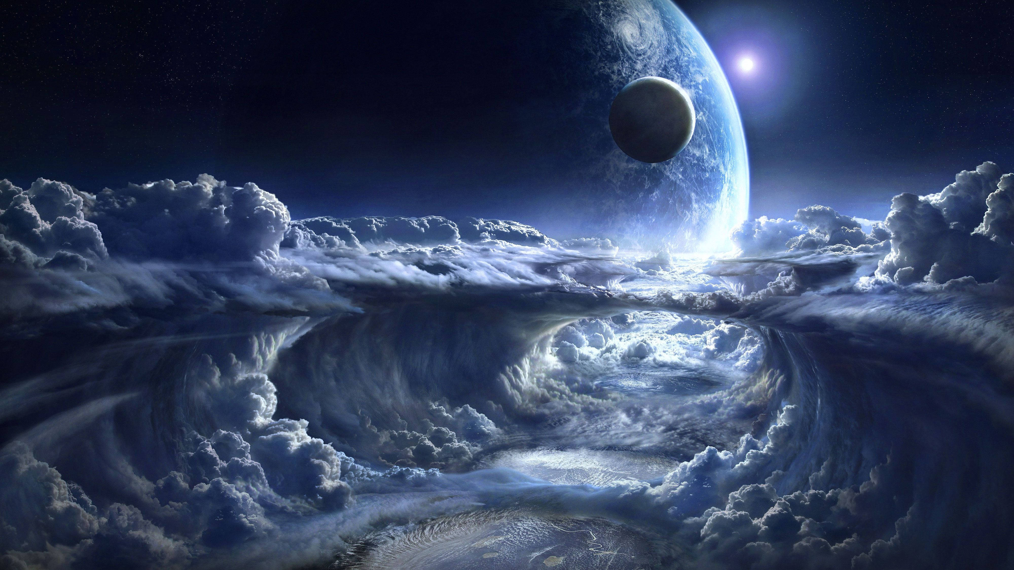 4K Computer 桌布 壁紙 — 一個宇宙場景，在繁星點點的天空下，發光的行星和月亮下方有旋轉的雲層。