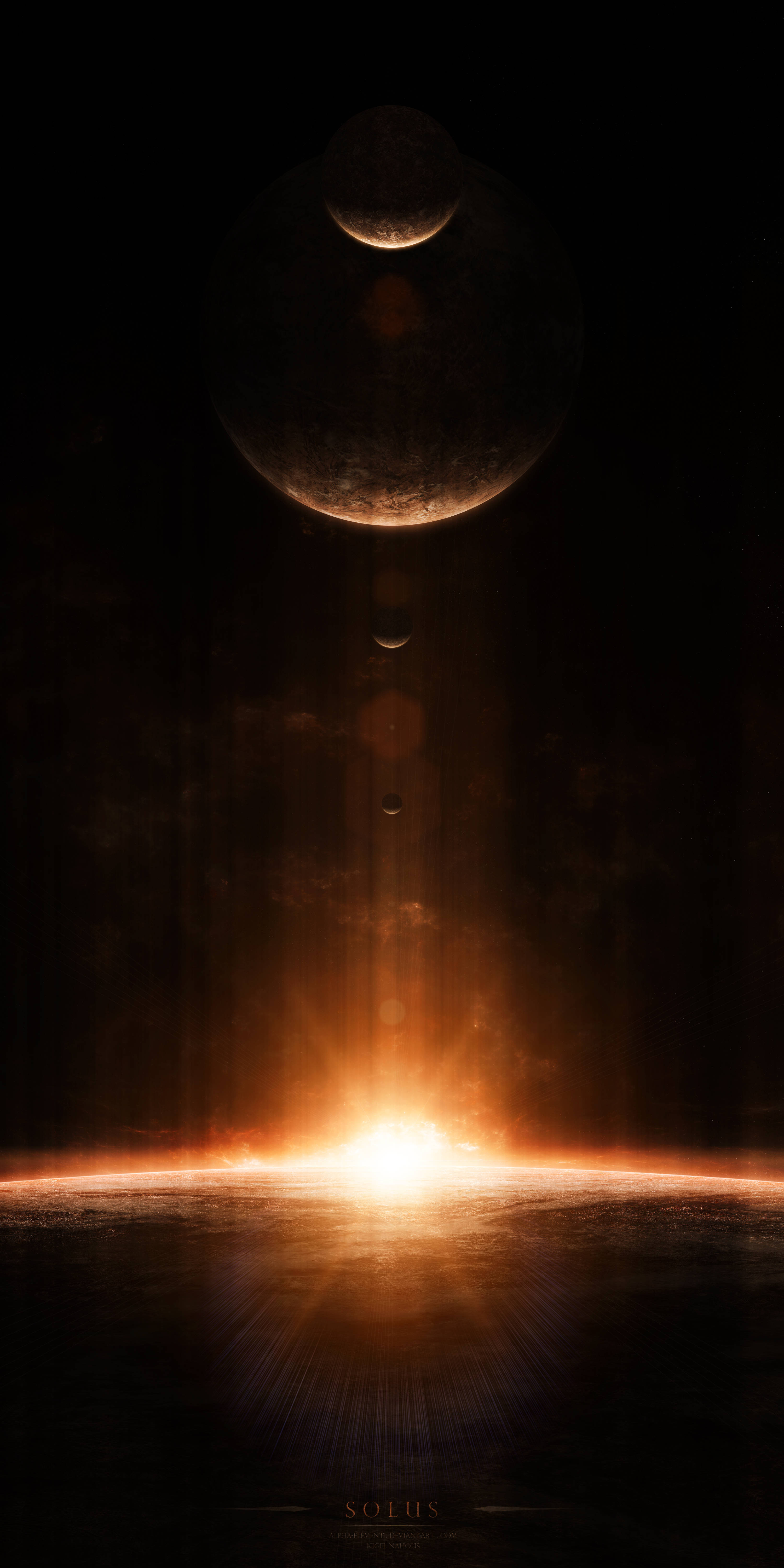 Flash 桌布 壁紙 — 一個宇宙場景，地平線上的發光太陽將光芒向上投射向一個大行星和較小的衛星，背景是黑暗的虛空。